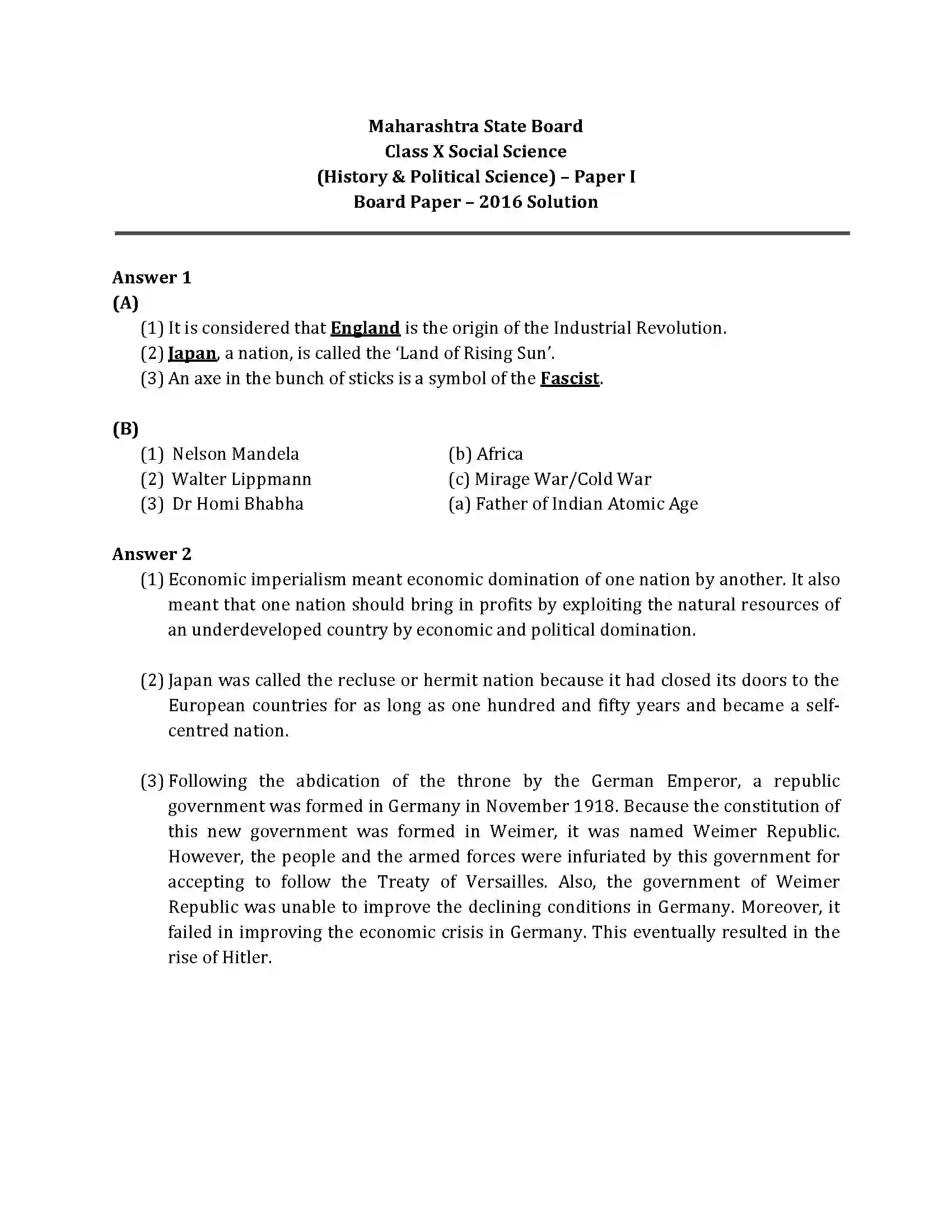 Maharashtra Board Class 10th 2016 History & Political Science - 2016 Previous Year Paper 3