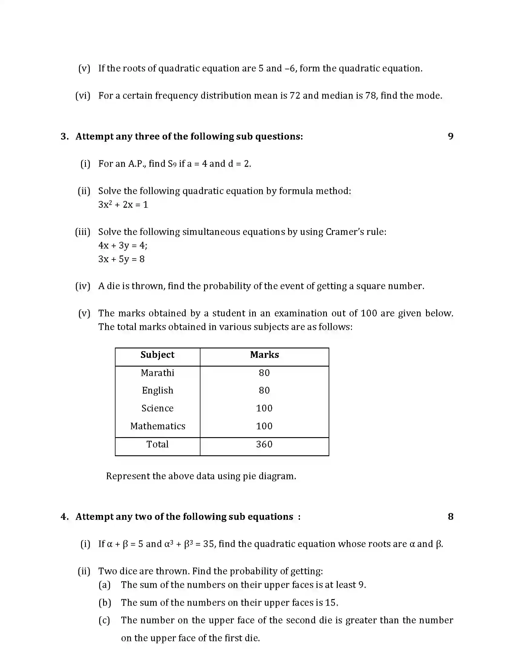 Maharashtra Board Class 10th 2018 Mathematics Algebra - 2018 Previous Year Paper 2