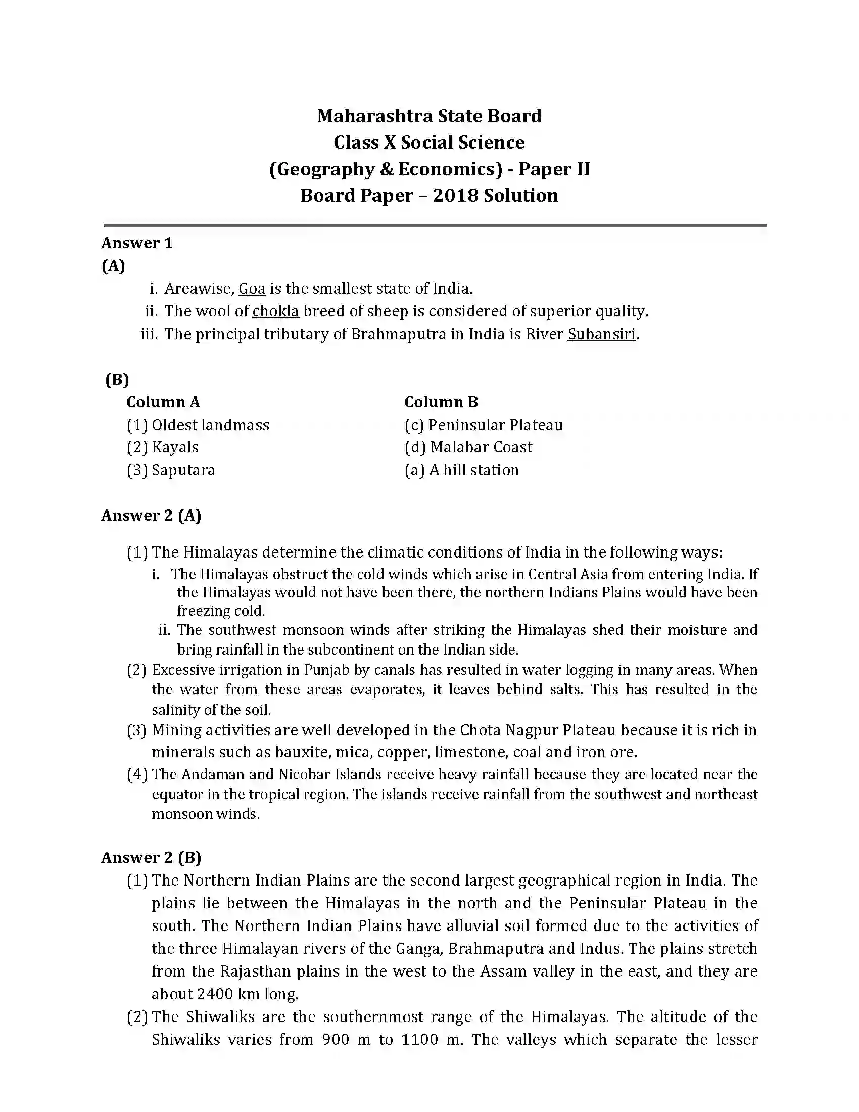 Maharashtra Board Class 10th 2018 Geography & Economics - 2018 Previous Year Paper 4