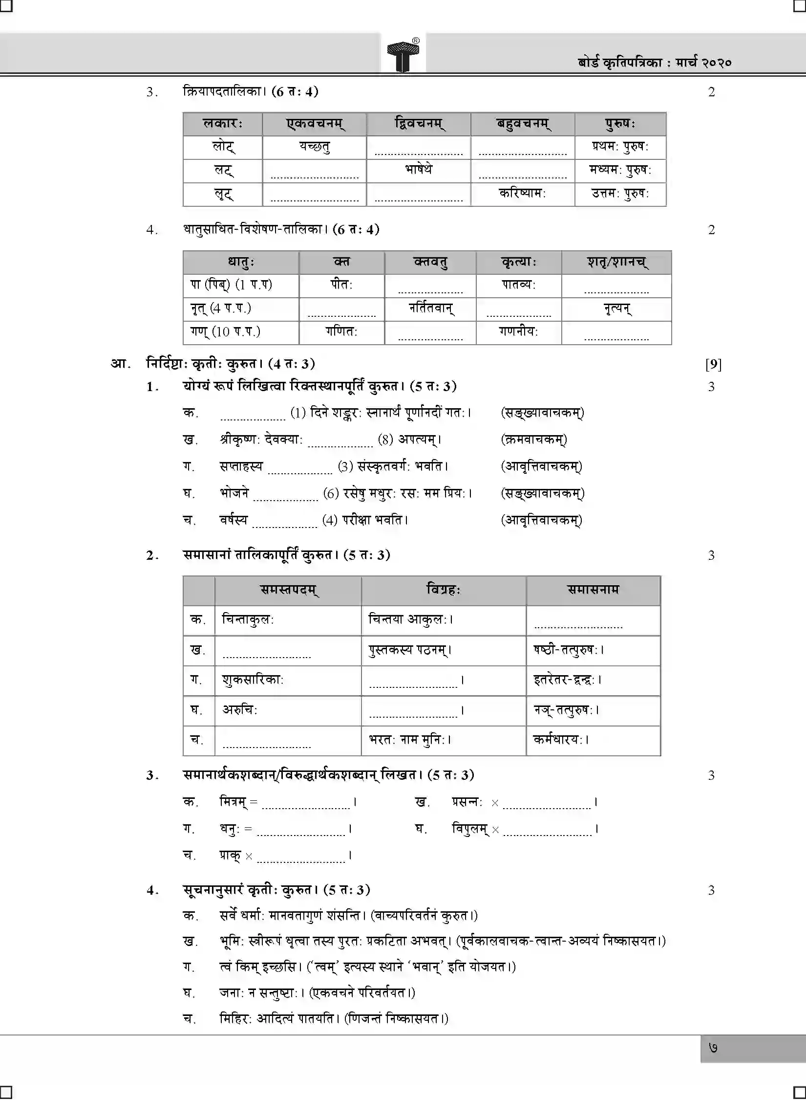 Maharashtra Board Class 10th 2020 Sanskrit - March 2020 Previous Year Paper 7