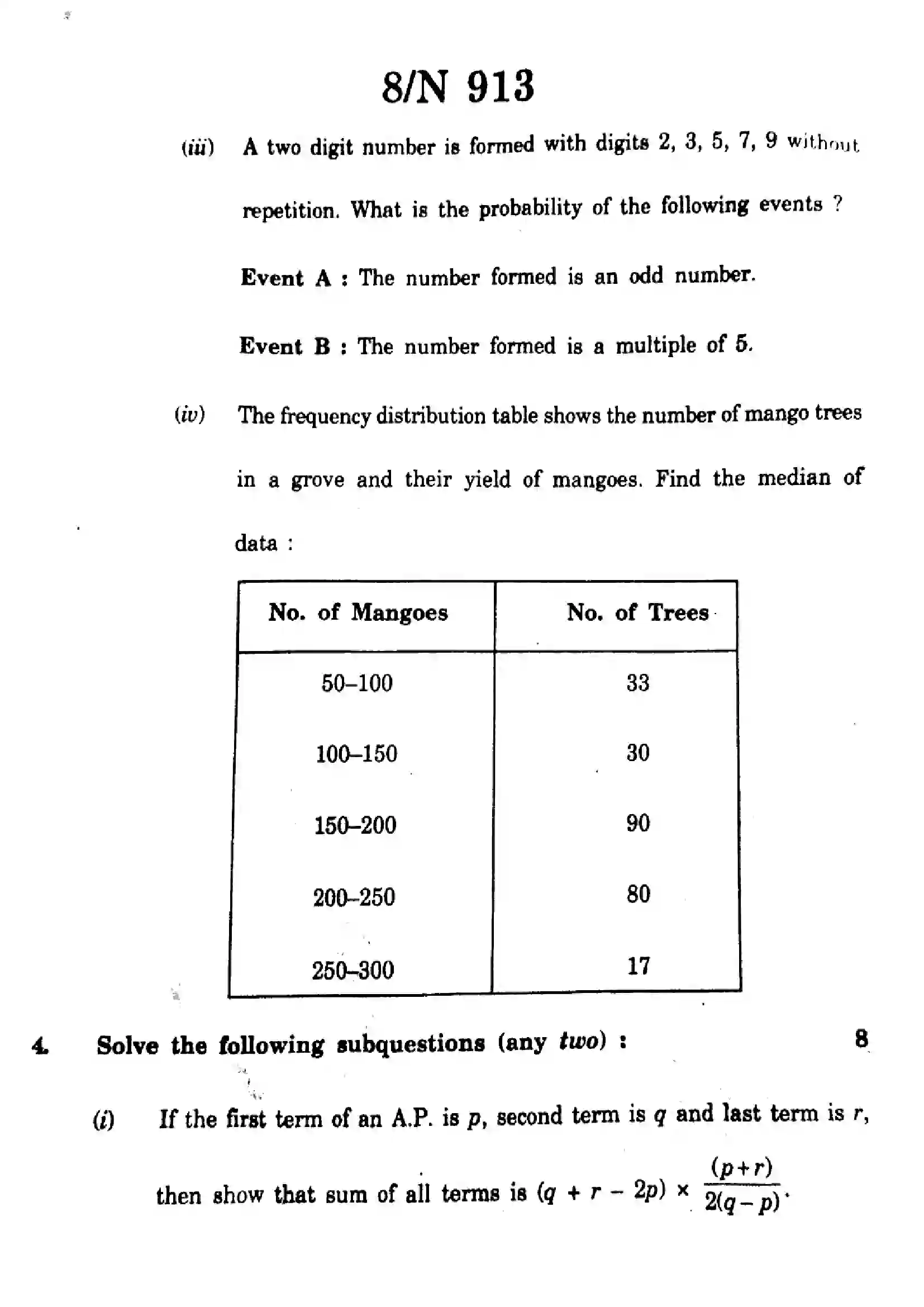 Maharashtra Board Class 10th 2023 Mathematics Algebra - 71-N-913 - 2023 Previous Year Paper 8