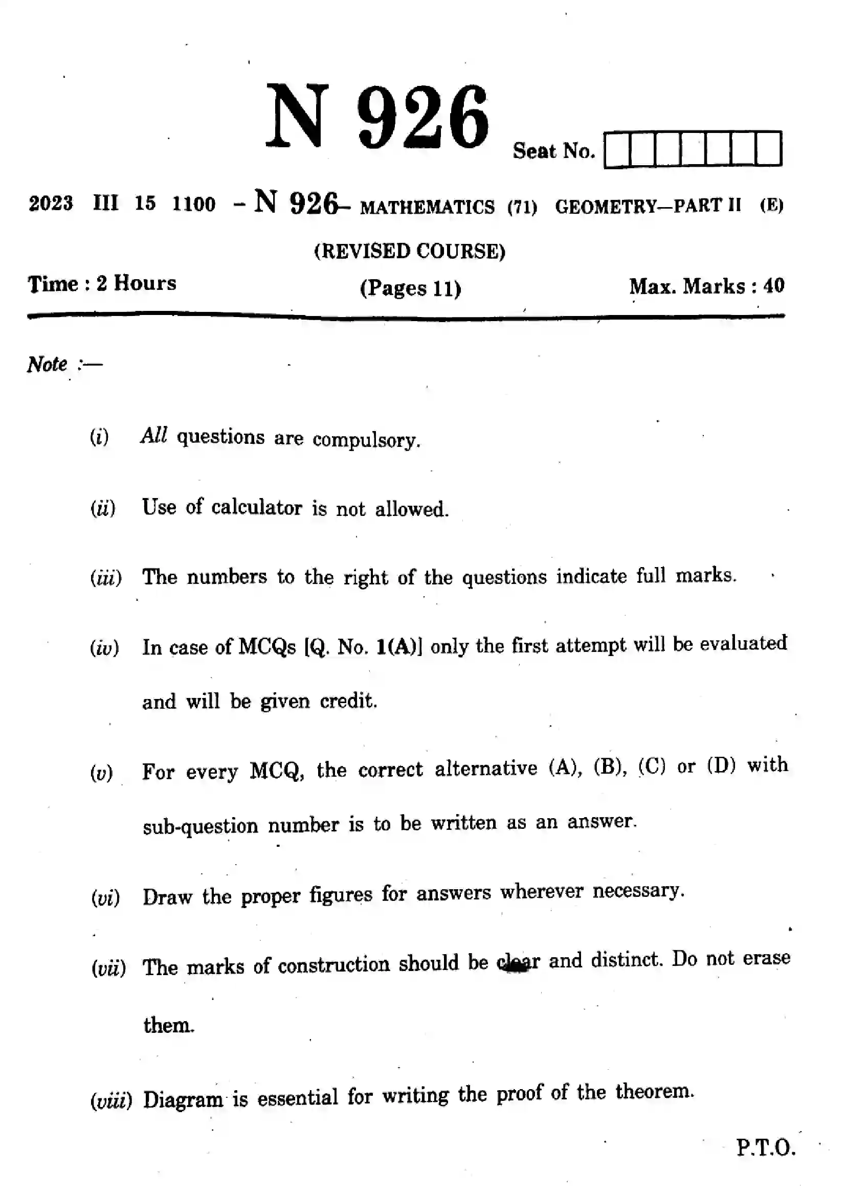 Maharashtra Board Class 10th 2023 Mathematics Geometry - 71-N-926 - 2023 Previous Year Paper 1