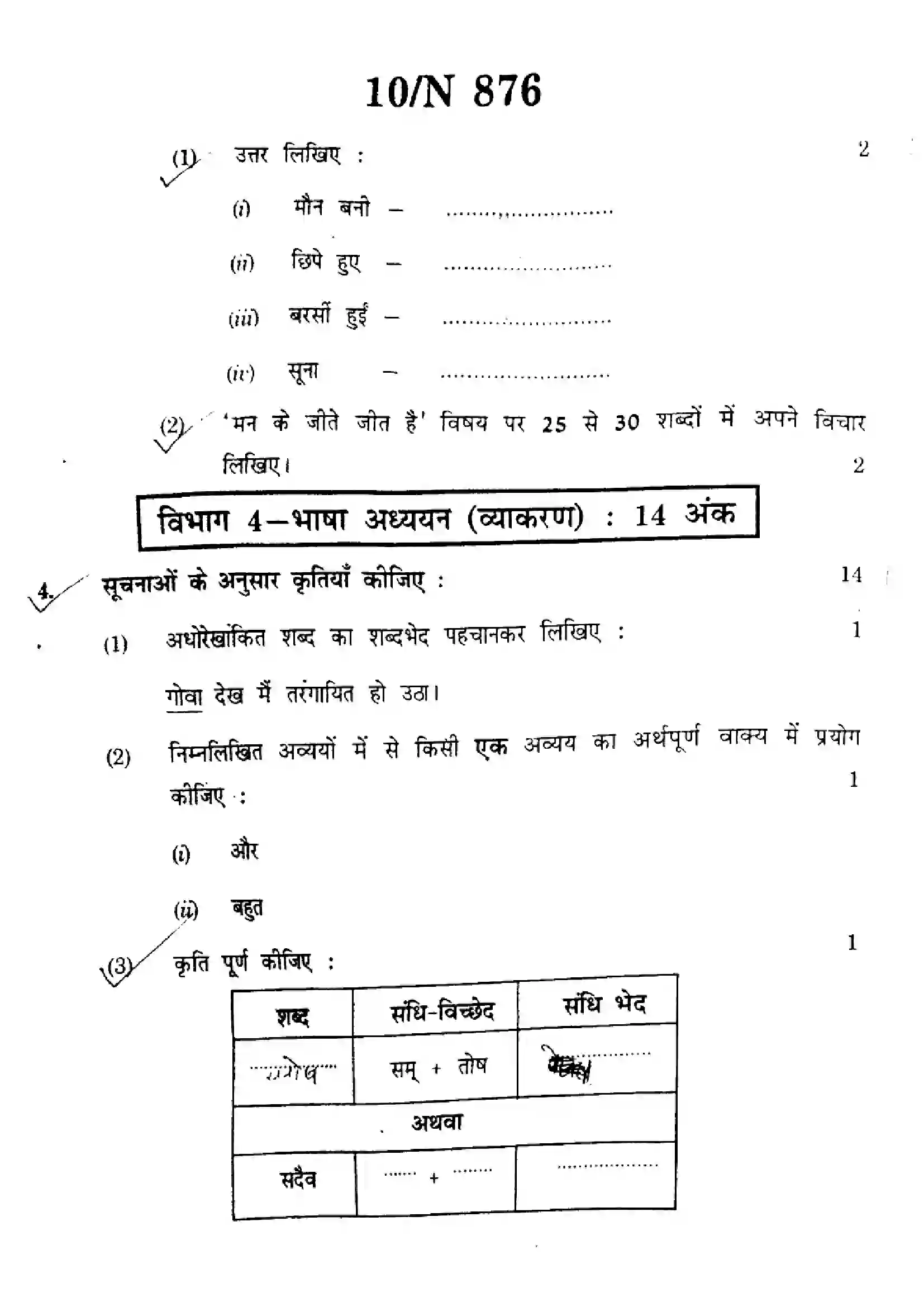 Maharashtra Board Class 10th 2023 Hindi - N-876 - 2023 Previous Year Paper 10