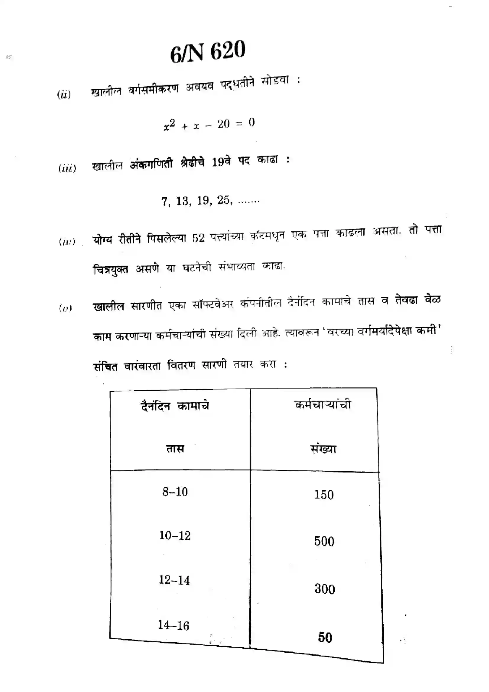 Maharashtra Board Class 10th 2024 Mathematics (Algebra) - (71) - (N-620) Previous Year Paper 6