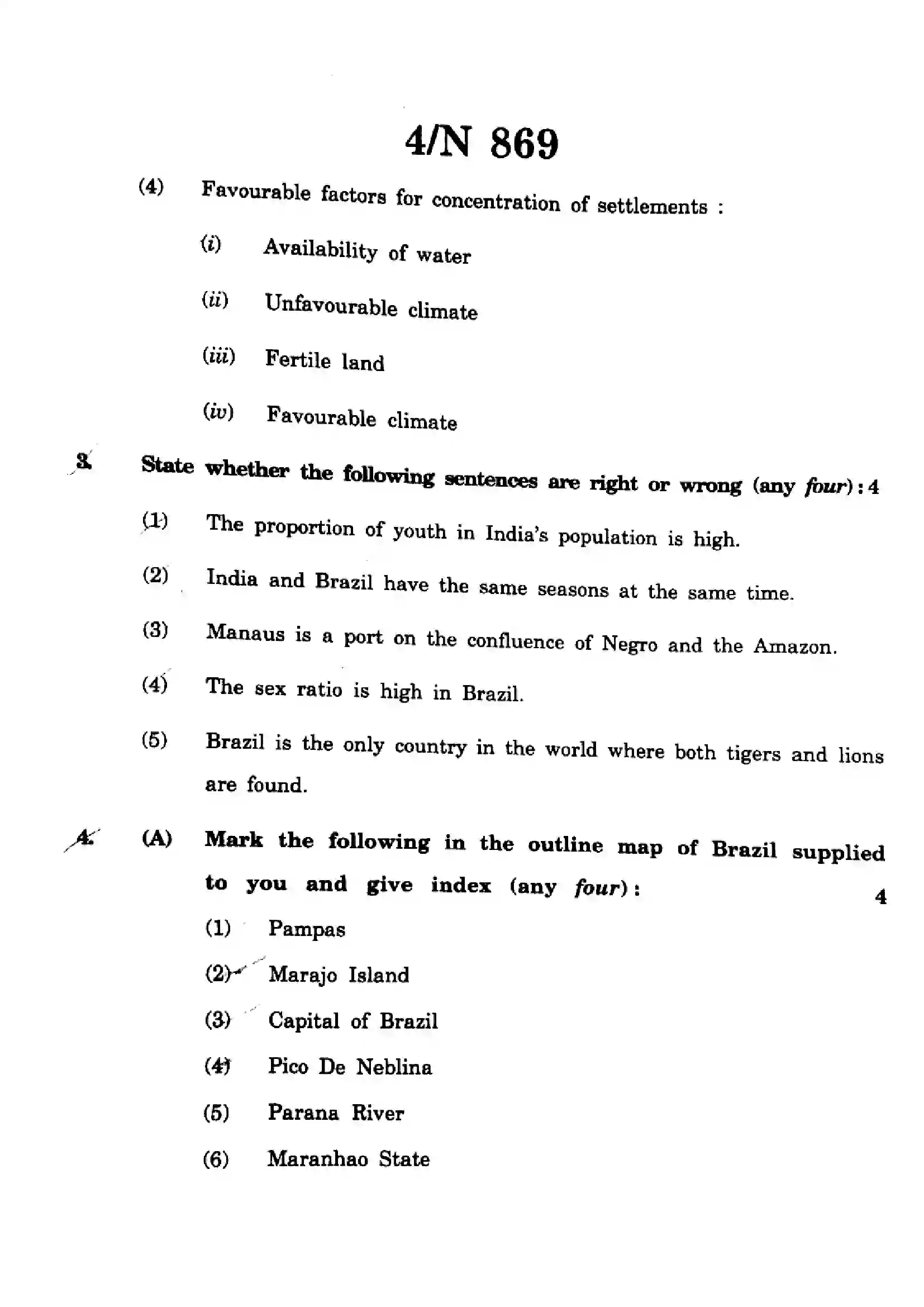 Maharashtra Board Class 10th 2025 Social Sciences (Geography) - N-869 Previous Year Paper 4