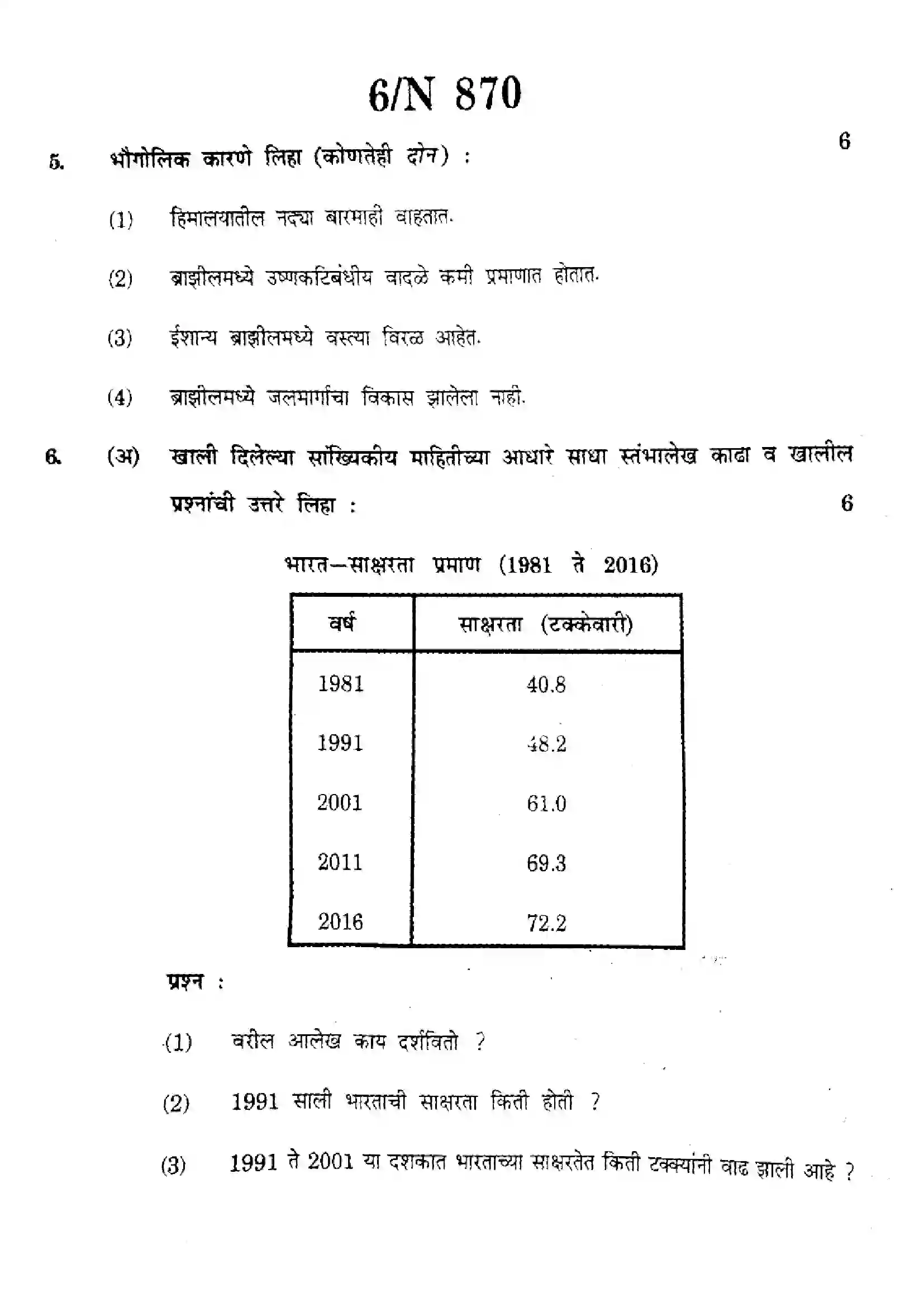 Maharashtra Board Class 10th 2025 Social Sciences (Geography) - N-870 Previous Year Paper 6