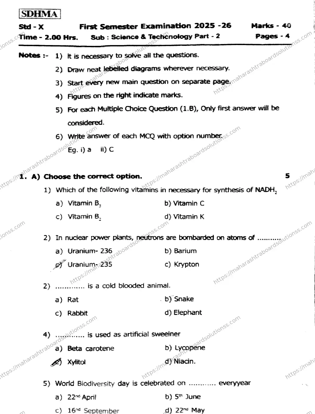 Maharashtra Board Class 10th 2026 1 SEM SCIENCE AND TECHNOLOGY PART 2 281025 Previous Year Paper 5