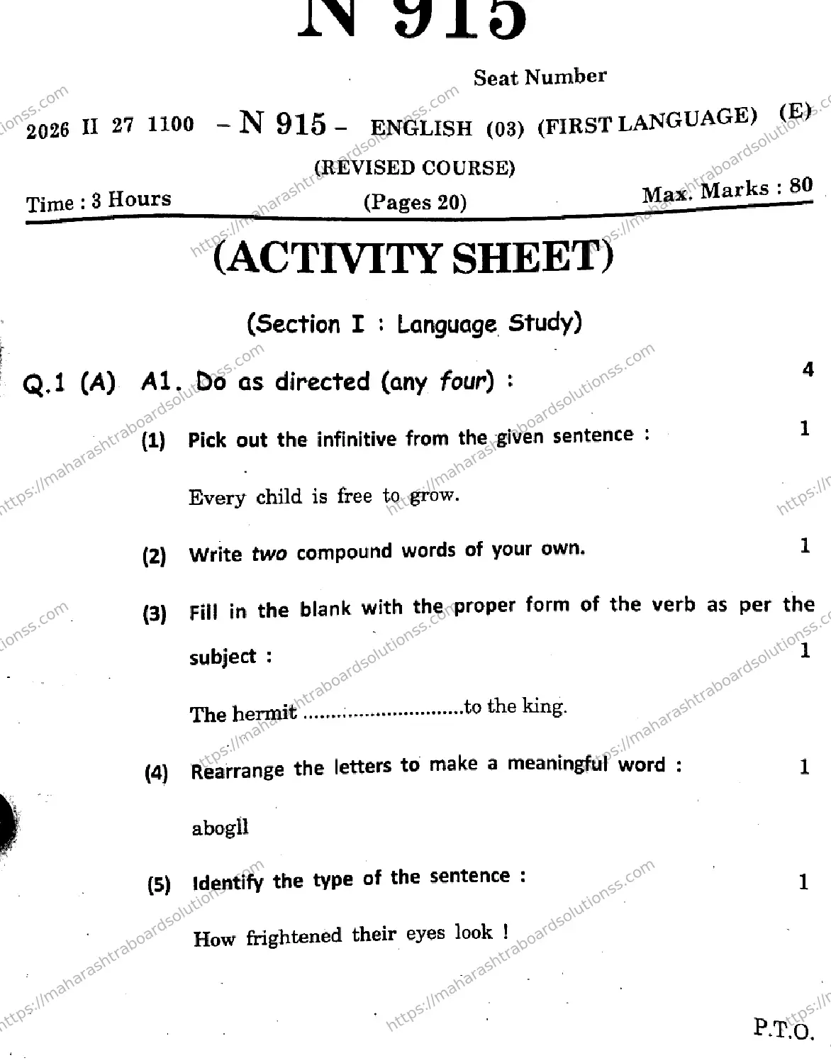 Maharashtra Board Class 10th 2026 ENGLISH FIRST LANGUAGE 03 N 915 Previous Year Paper 1