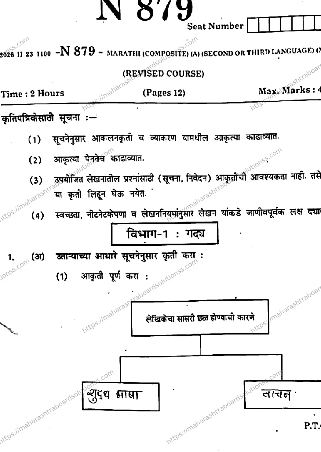 Maharashtra Board Class 10th 2026 MARATHI SECOND OR THIRD LANGUAGE COMPOSITE A N 879 Previous Year Paper 1