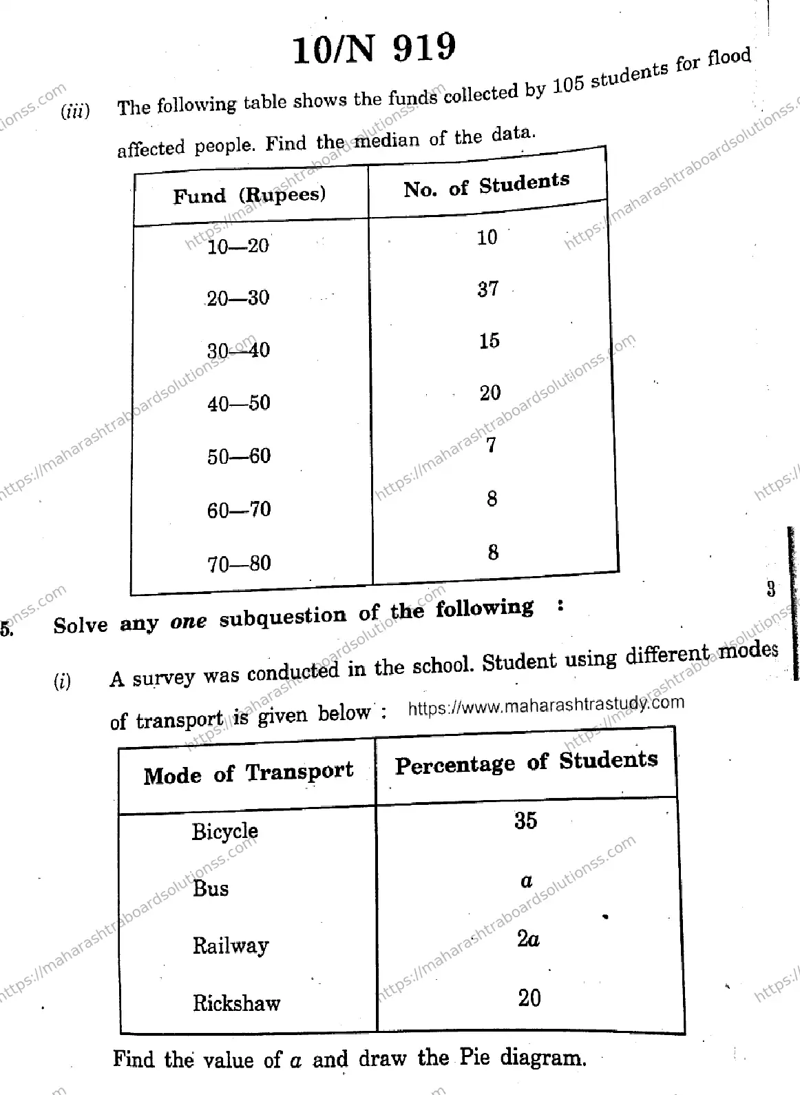 Maharashtra Board Class 10th 2026 MATHEMATICS ALGEBRA 71 N 919 Previous Year Paper 10