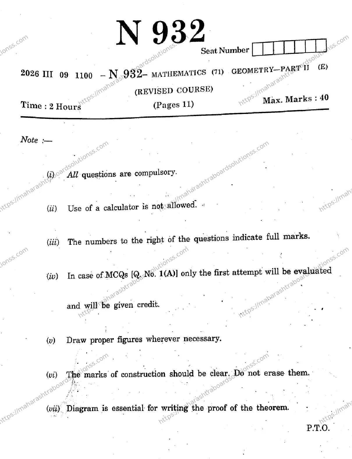 Maharashtra Board Class 10th 2026 MATHEMATICS GEOMETRY 71 N 932 Previous Year Paper 1