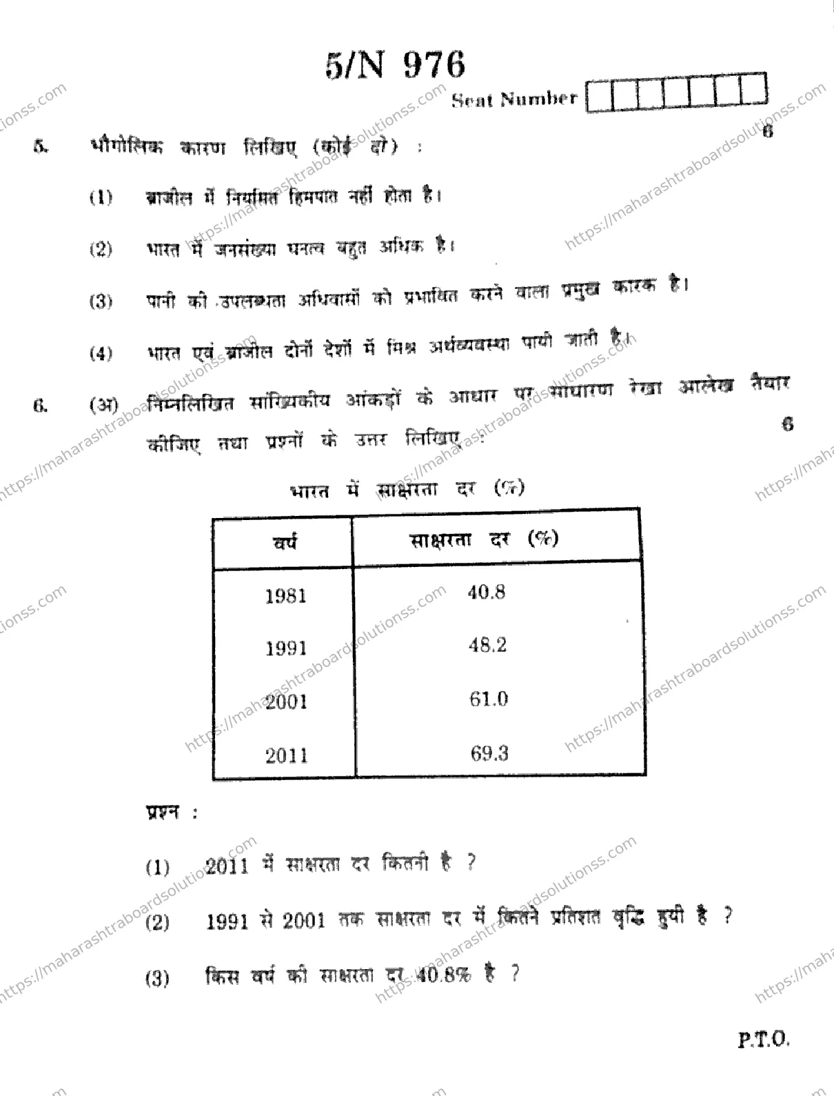 Maharashtra Board Class 10th 2026 SOCIAL SCIENCES GEOGRAPHY 73 N 976 Previous Year Paper 5