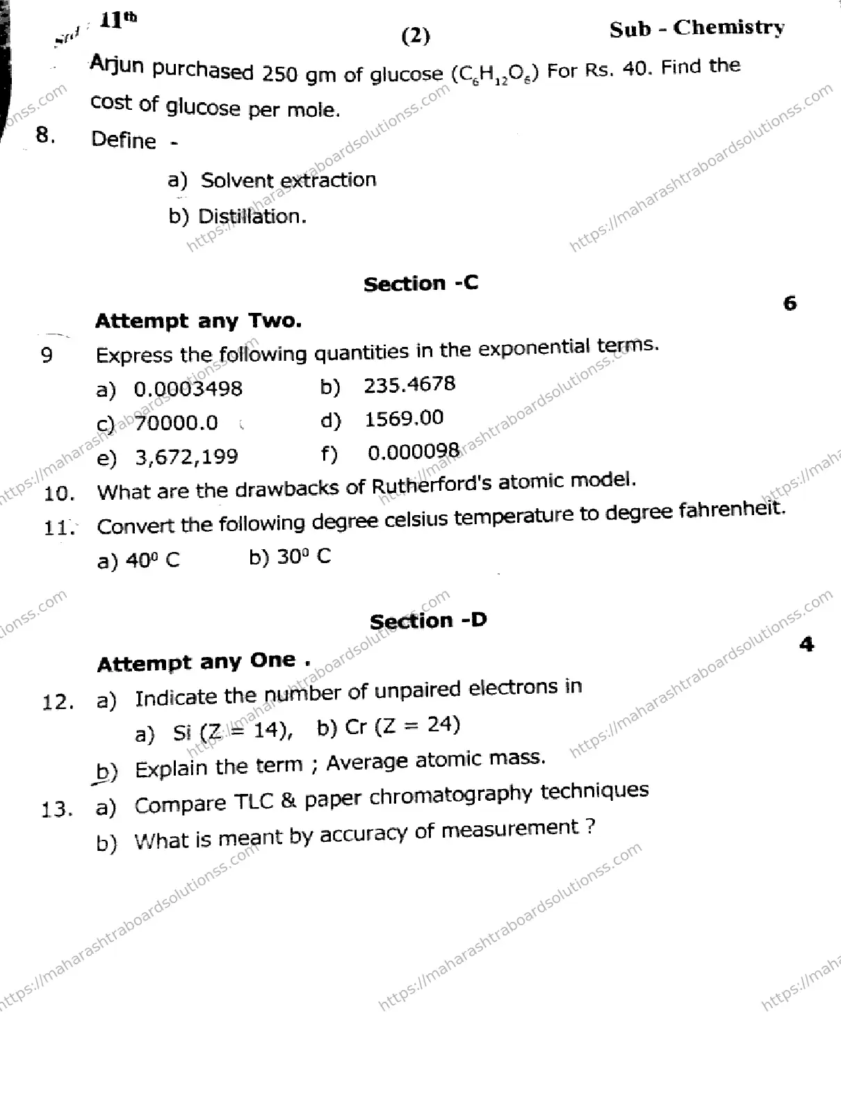Maharashtra Board Class 11th 2026 FIRST UNIT TEST CHEMISTRY 281025 Previous Year Paper 2