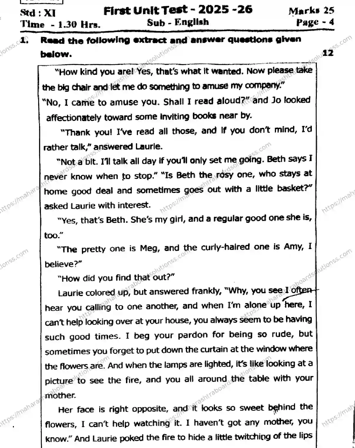 Maharashtra Board Class 11th 2026 FIRST UNIT TEST ENGLISH 281025 Previous Year Paper 1