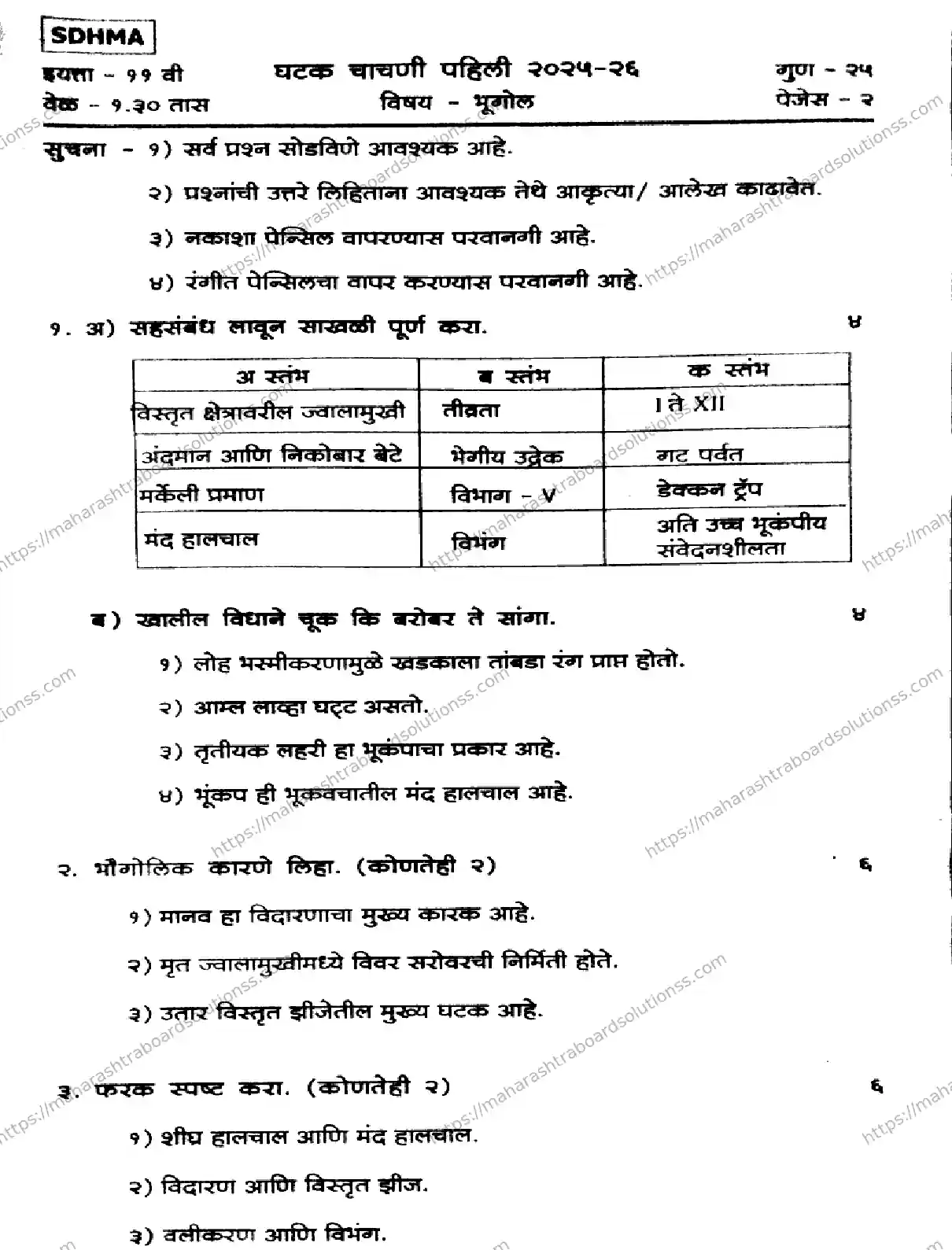 Maharashtra Board Class 11th 2026 FIRST UNIT TEST MARATHI 151125 Previous Year Paper 1