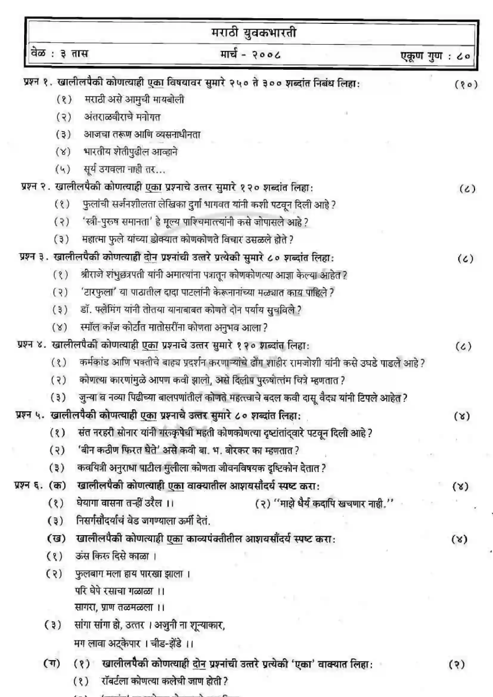 Maharashtra Board Class 12th 2008 Marathi - March 2008 Previous Year Paper 1
