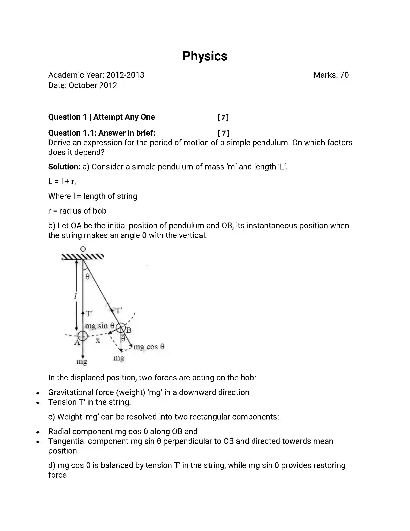 Maharashtra Board Class 12th 2012 Physics - Oct 2012 Previous Year Paper 1