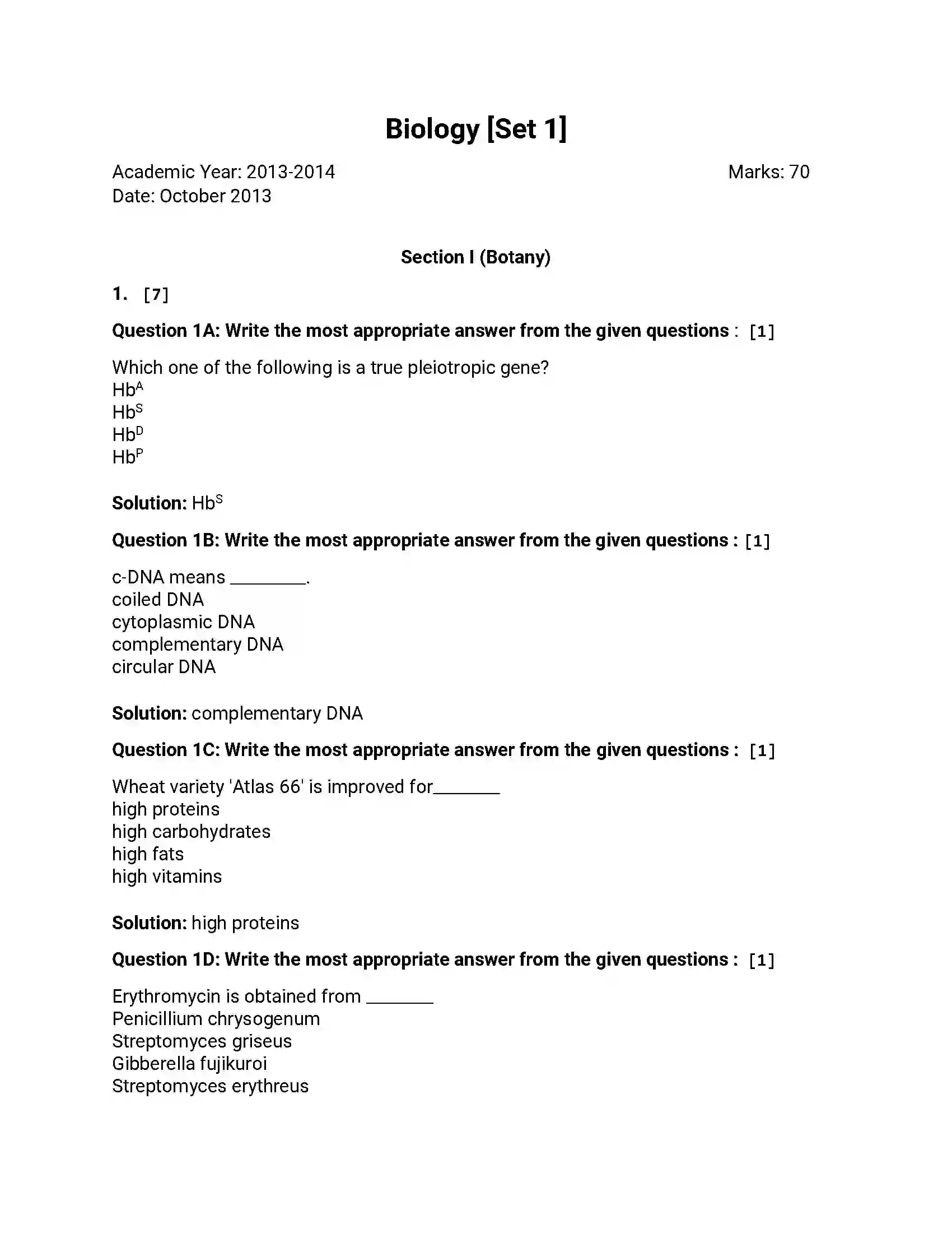 Maharashtra Board Class 12th 2013 Biology - Oct 2013 - Set-1 Previous Year Paper 1