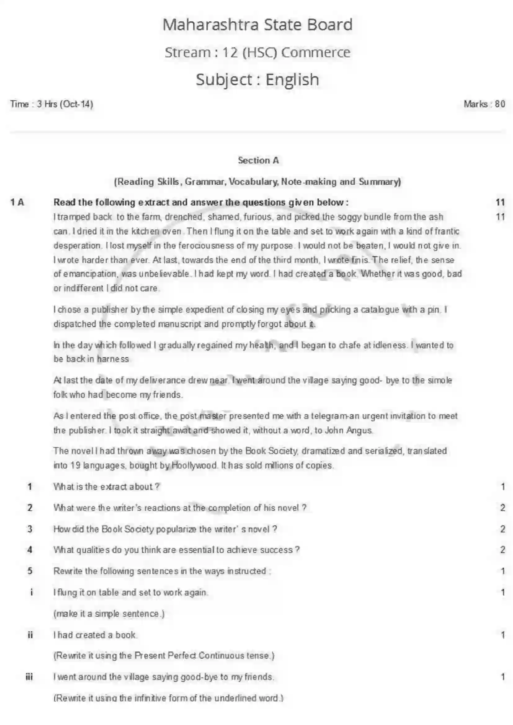 Maharashtra Board Class 12th 2013 English - Oct 2013 - Set-1 Previous Year Paper 1