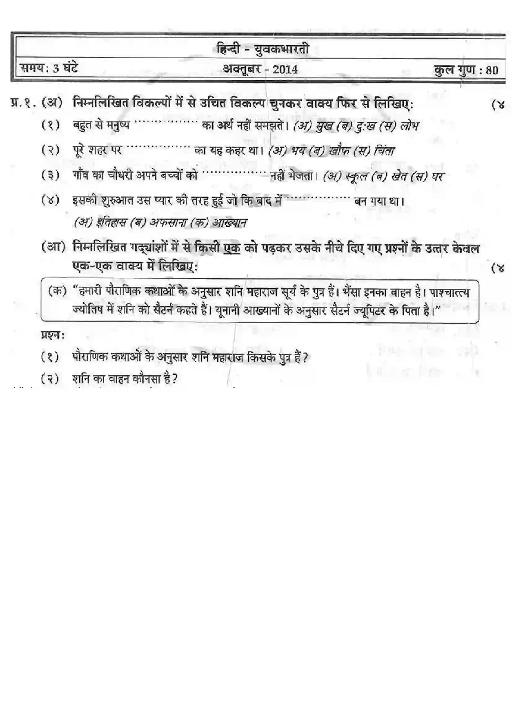 Maharashtra Board Class 12th 2013 Hindi - Oct 2013 Previous Year Paper 1