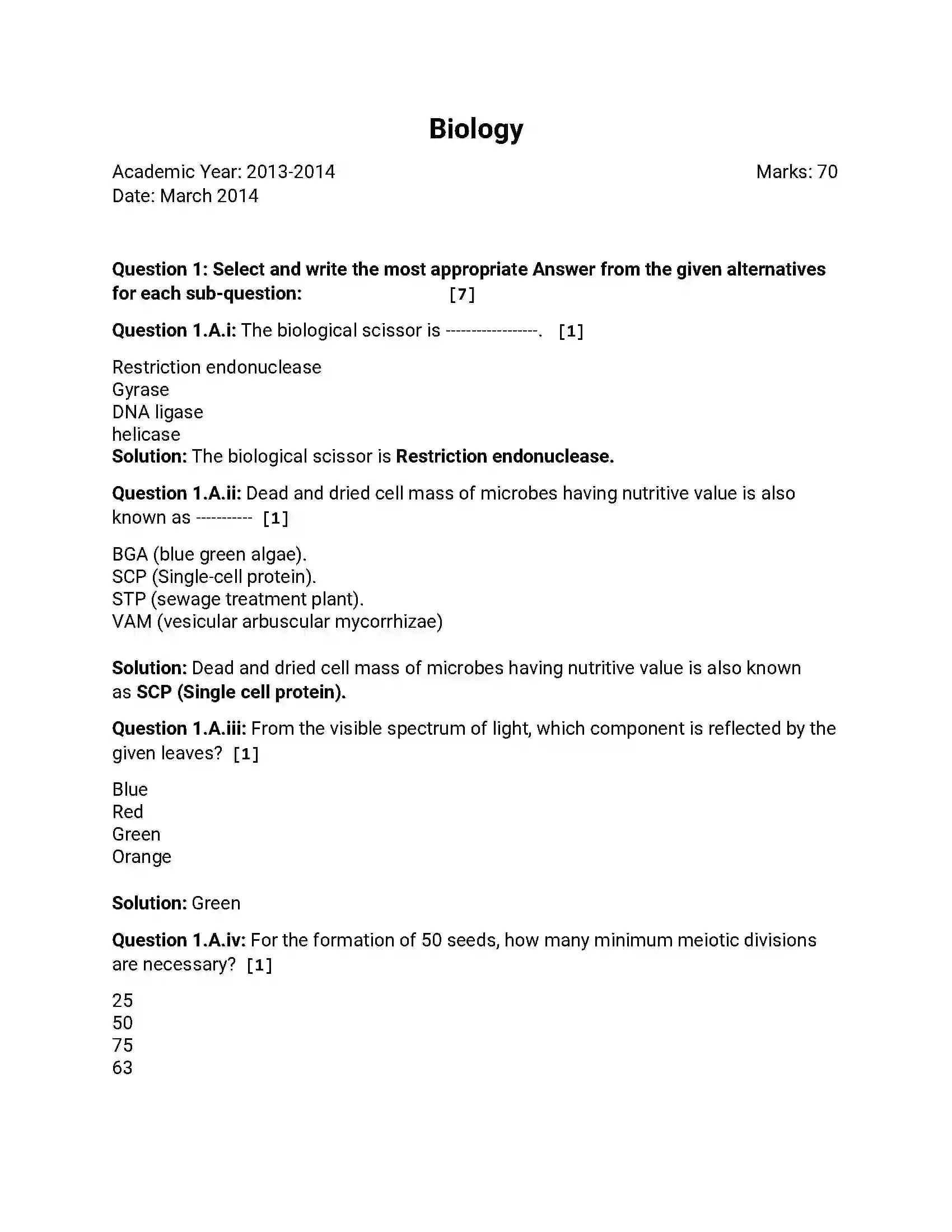 Maharashtra Board Class 12th 2014 Biology - March 2014 Previous Year Paper 1