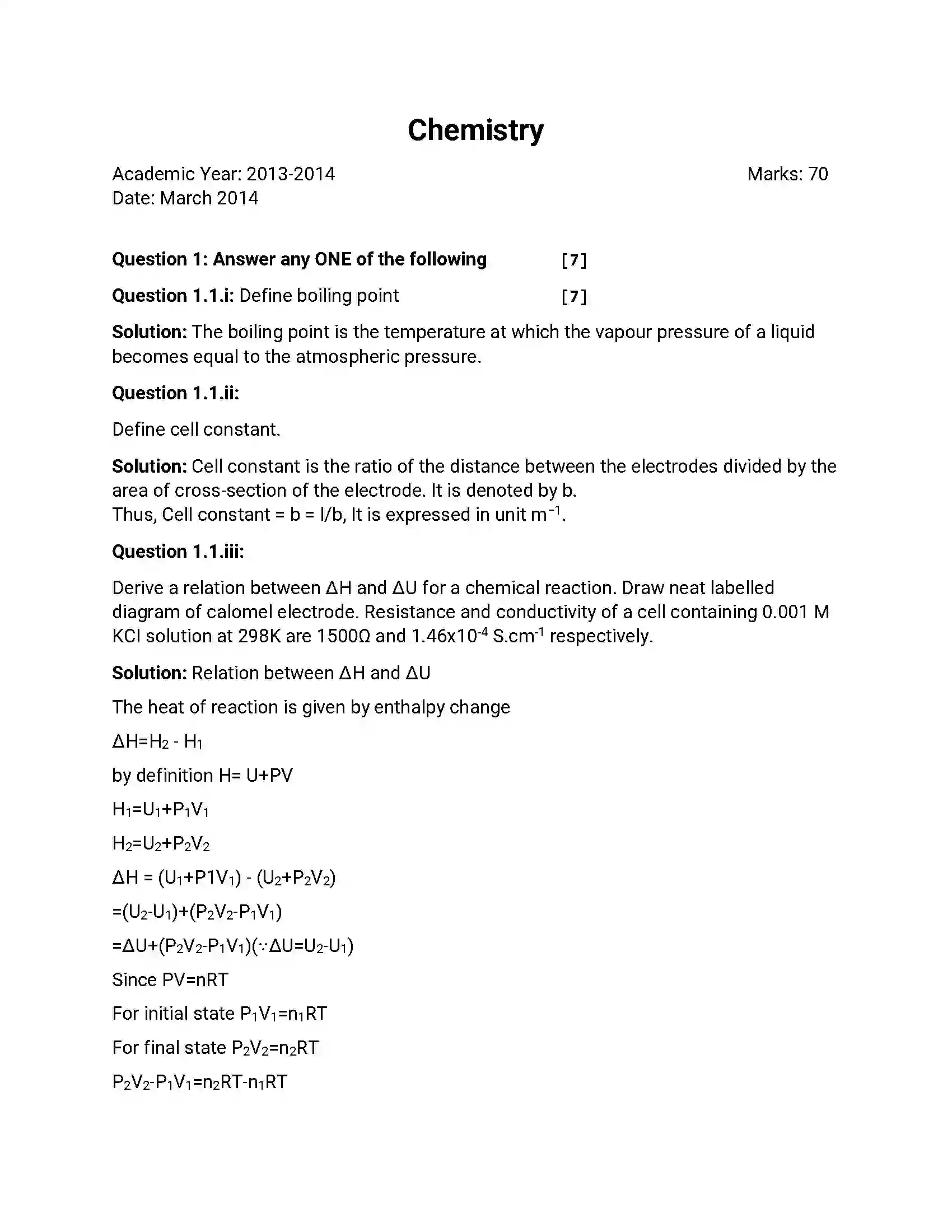 Maharashtra Board Class 12th 2014 Chemistry - March 2014 Previous Year Paper 1
