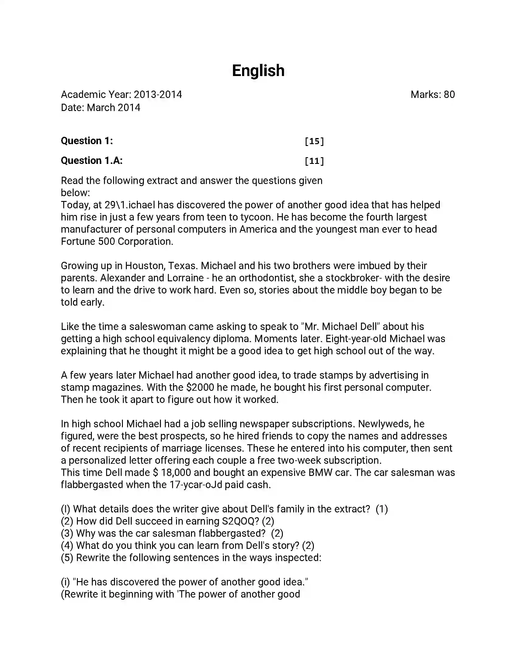 Maharashtra Board Class 12th 2014 English - March 2014 Previous Year Paper 1