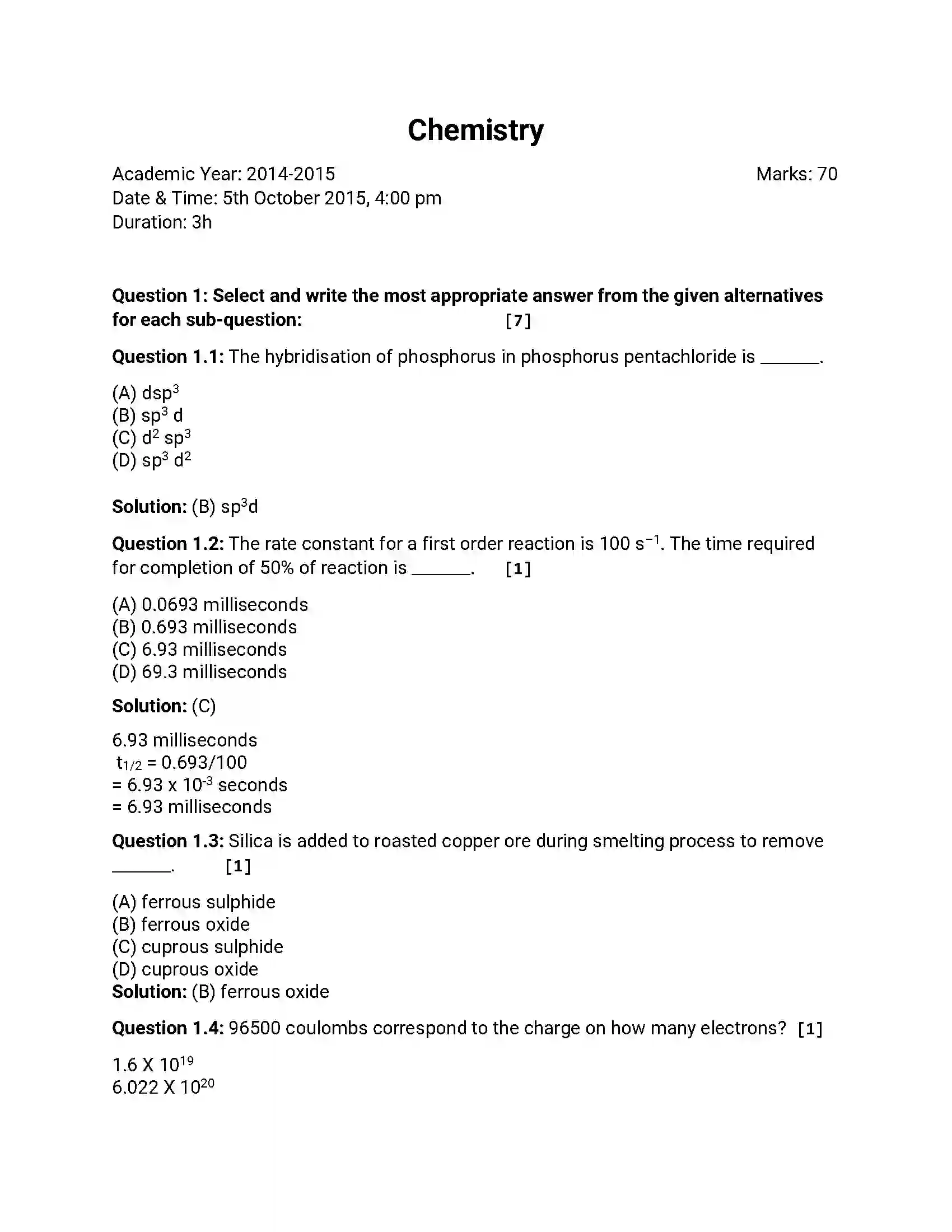 Maharashtra Board Class 12th 2014 Chemistry - Oct 2014 Previous Year Paper 1