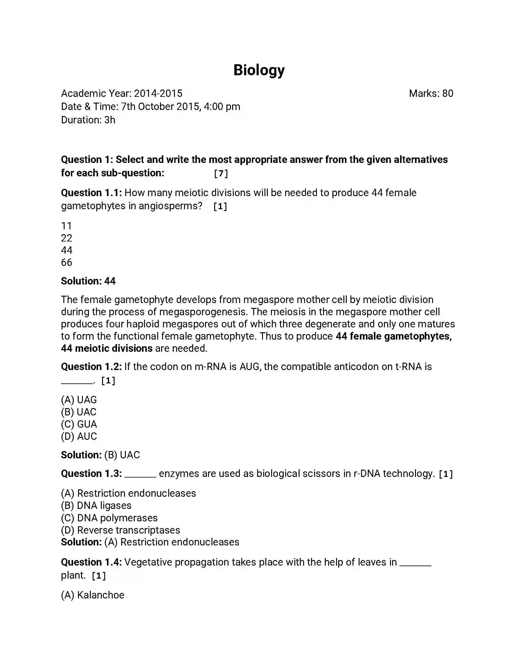 Maharashtra Board Class 12th 2014 Biology - Oct 2014 Previous Year Paper 1