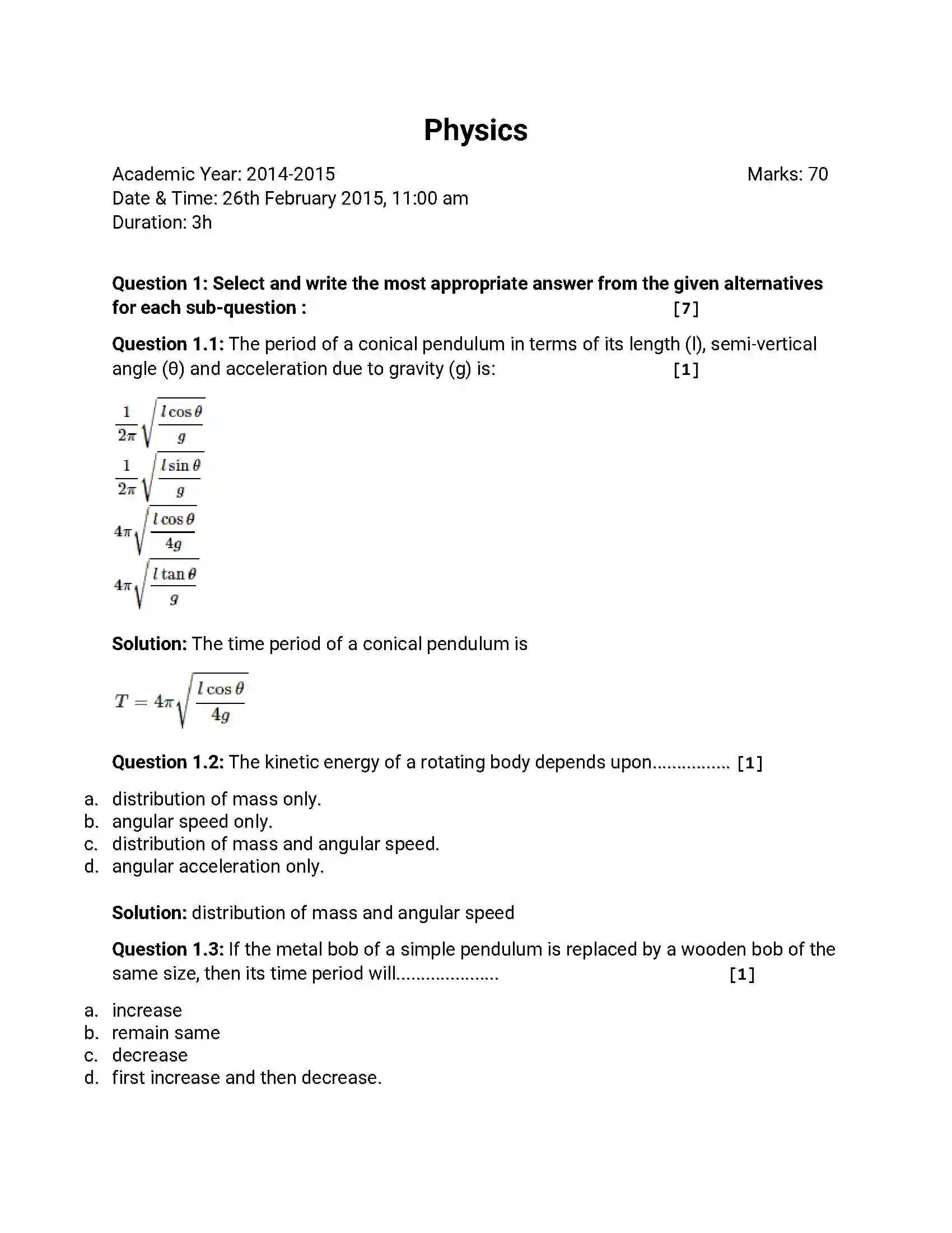 Maharashtra Board Class 12th 2015 Physics - March 2015 Previous Year Paper 1
