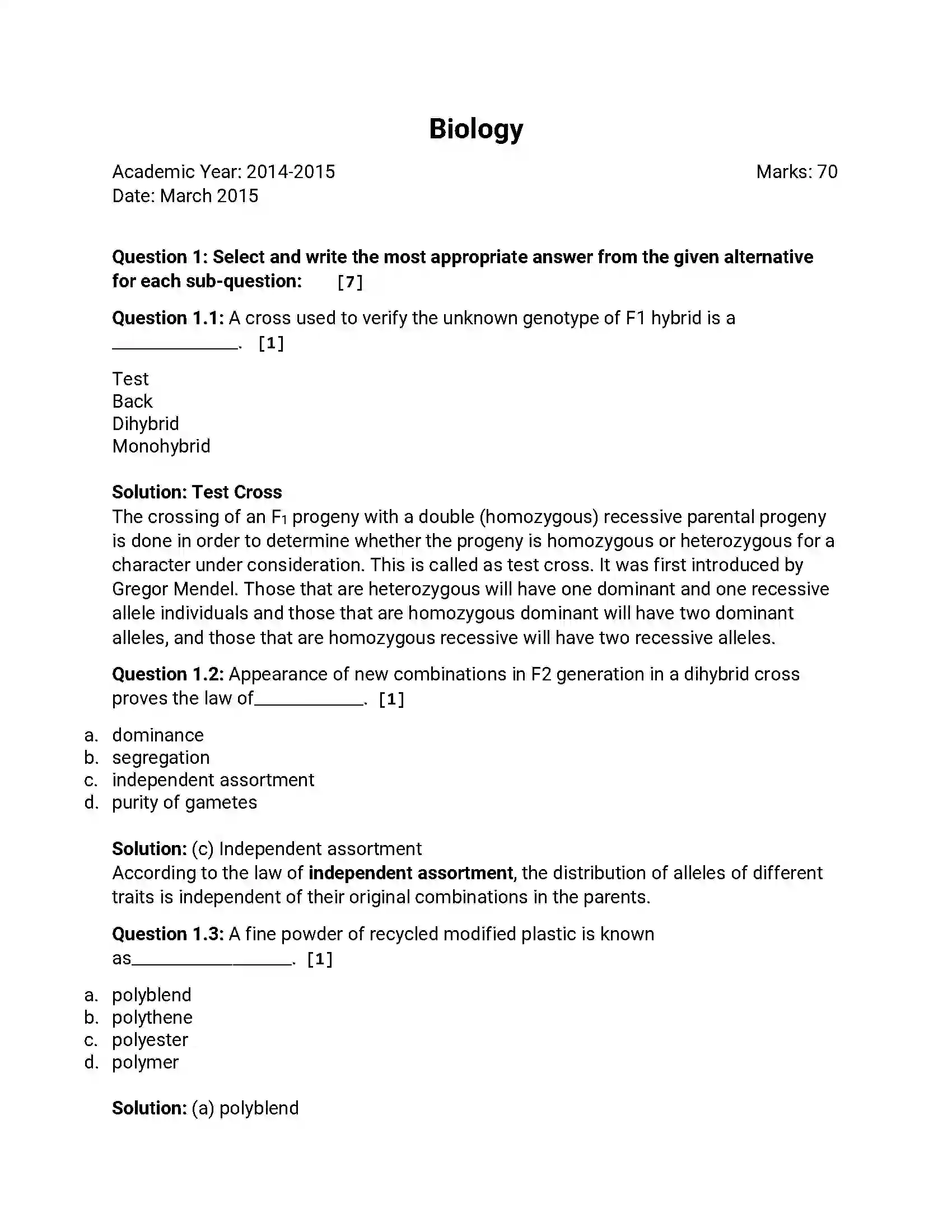Maharashtra Board Class 12th 2015 Biology - March 2015 Previous Year Paper 1