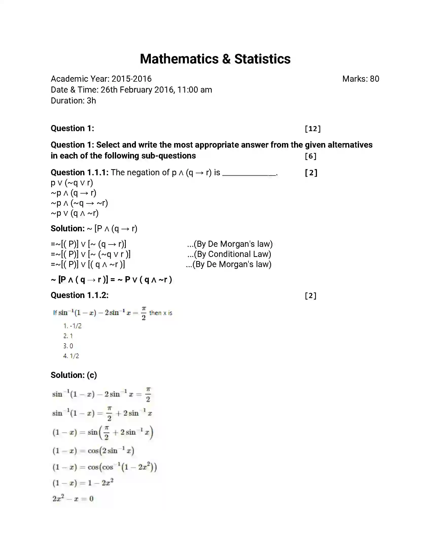Maharashtra Board Class 12th 2016 Mathematics & Statistics - March 2016 Previous Year Paper 1