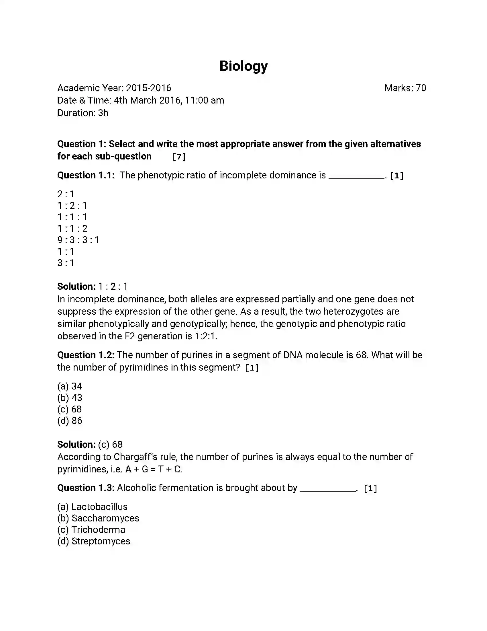 Maharashtra Board Class 12th 2016 Biology - March 2016 Previous Year Paper 1