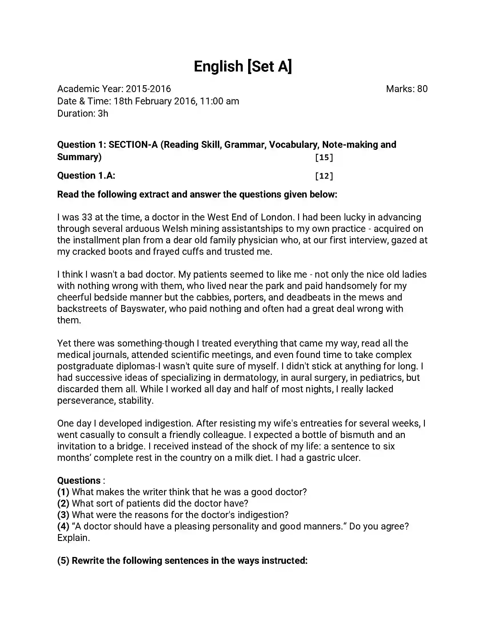 Maharashtra Board Class 12th 2016 English - March 2016 - Set-A Previous Year Paper 1