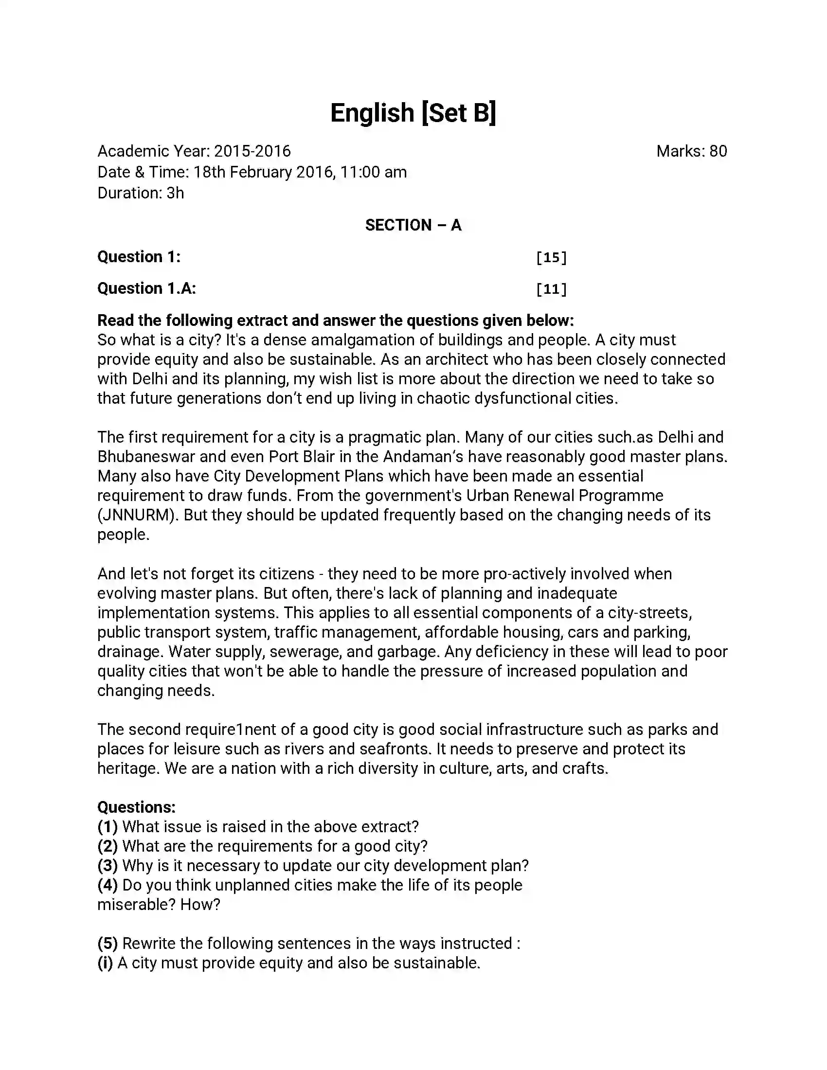 Maharashtra Board Class 12th 2016 English - March 2016 - Set-B Previous Year Paper 1
