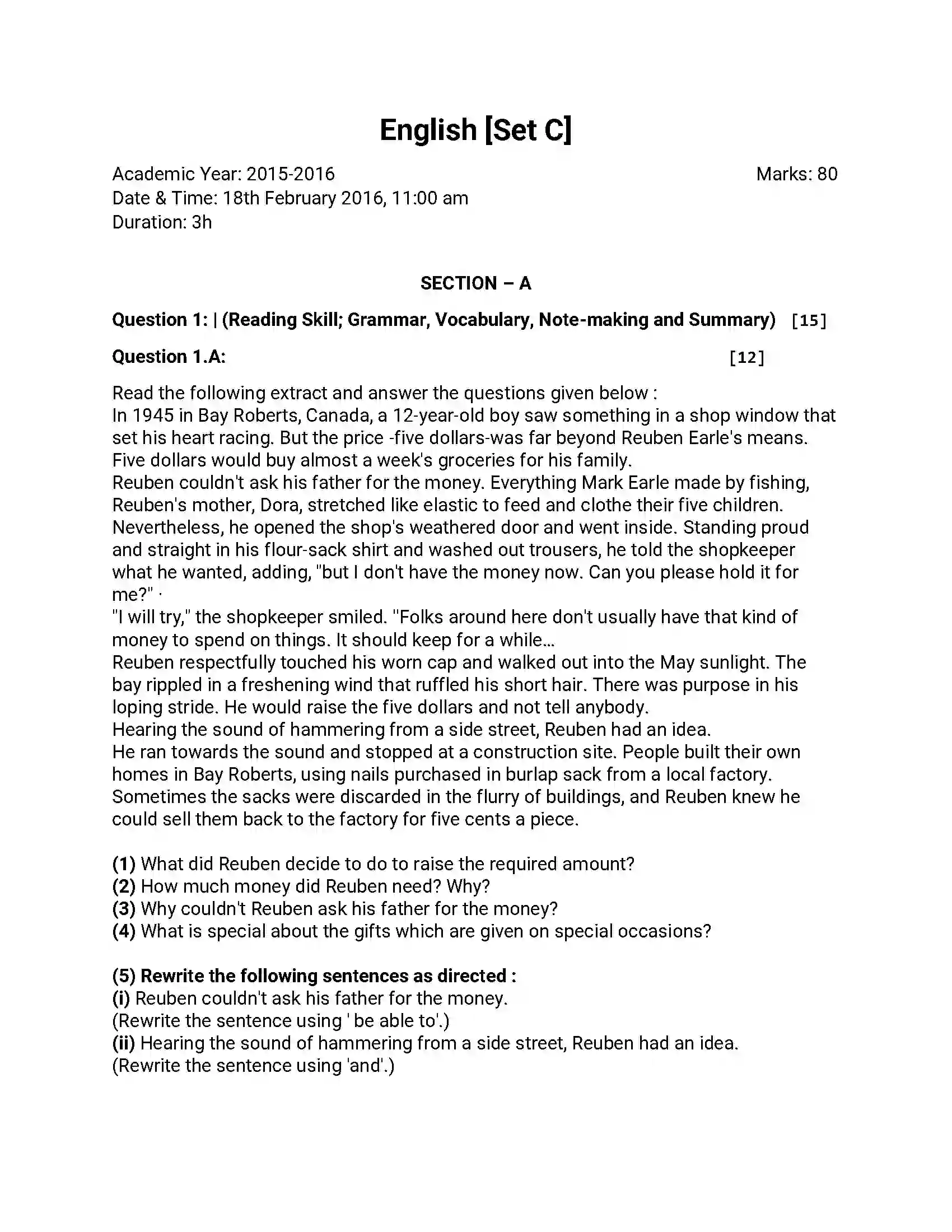 Maharashtra Board Class 12th 2016 English - March 2016 - Set-C Previous Year Paper 1