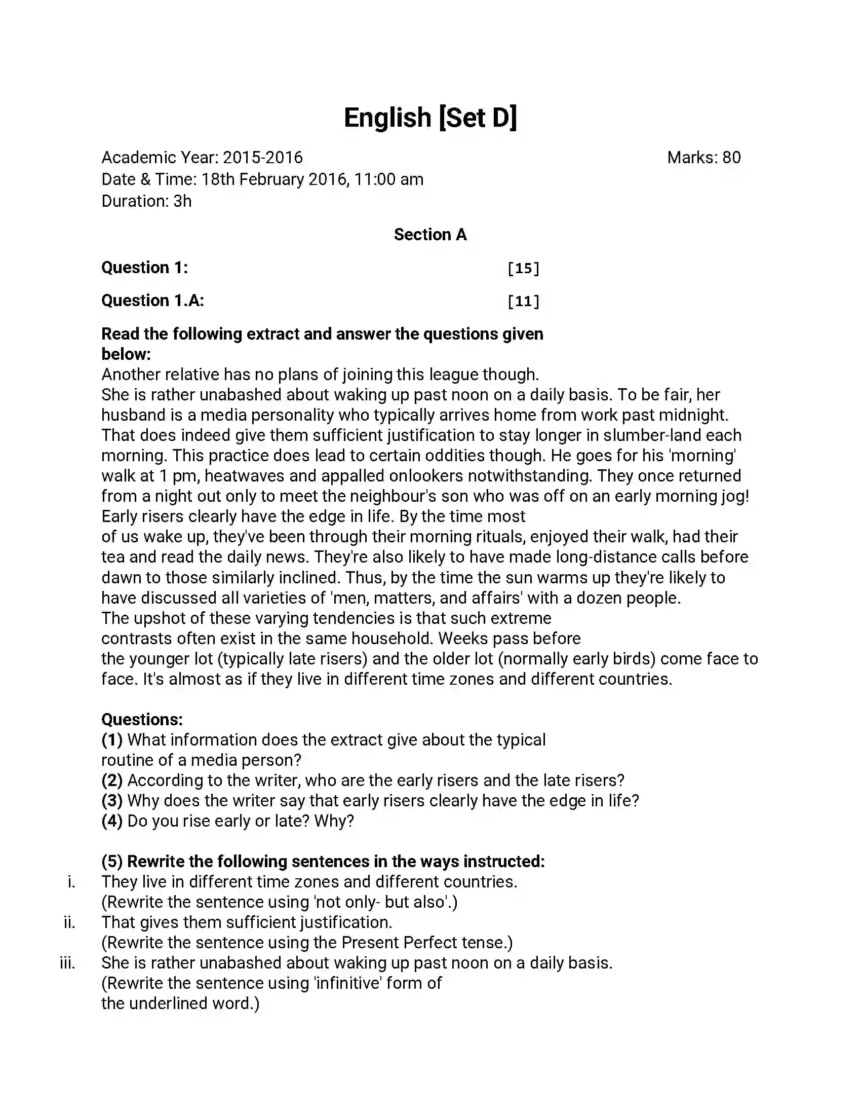 Maharashtra Board Class 12th 2016 English - March 2016 - Set-D Previous Year Paper 1