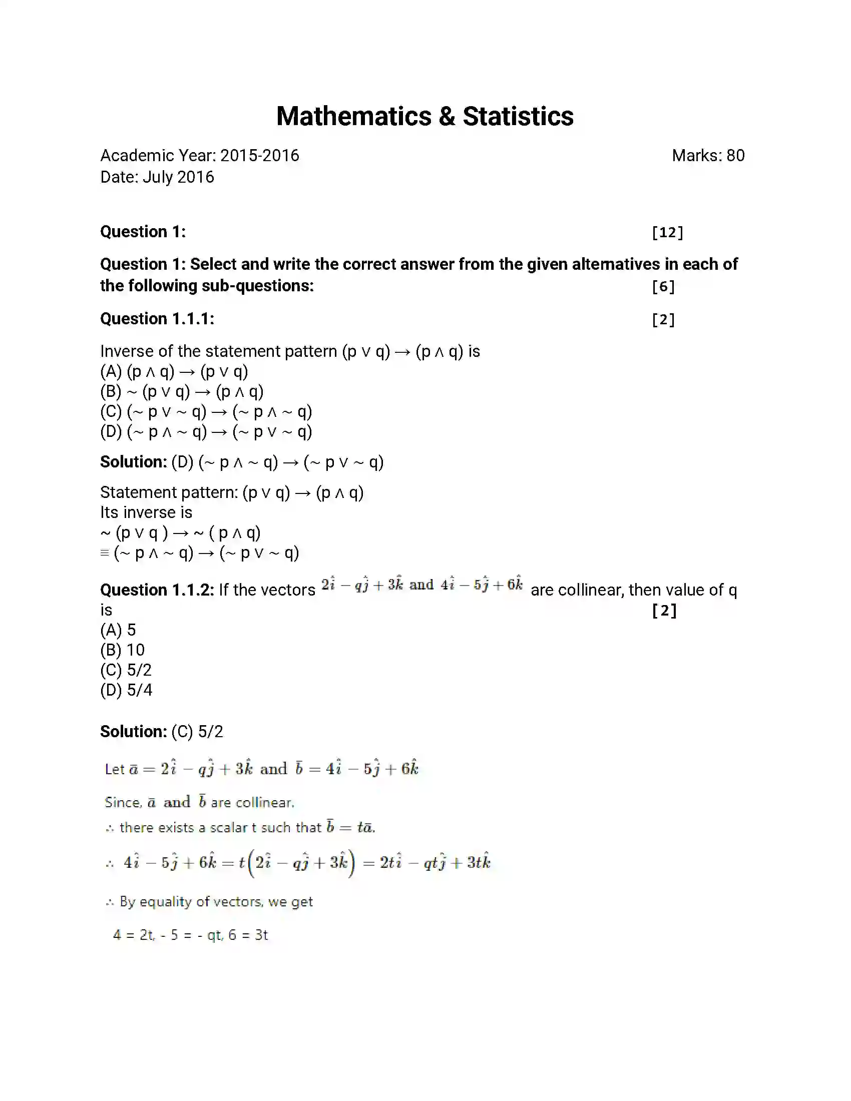 Maharashtra Board Class 12th 2016 Mathematics & Statistics - Jul 2016 Previous Year Paper 1