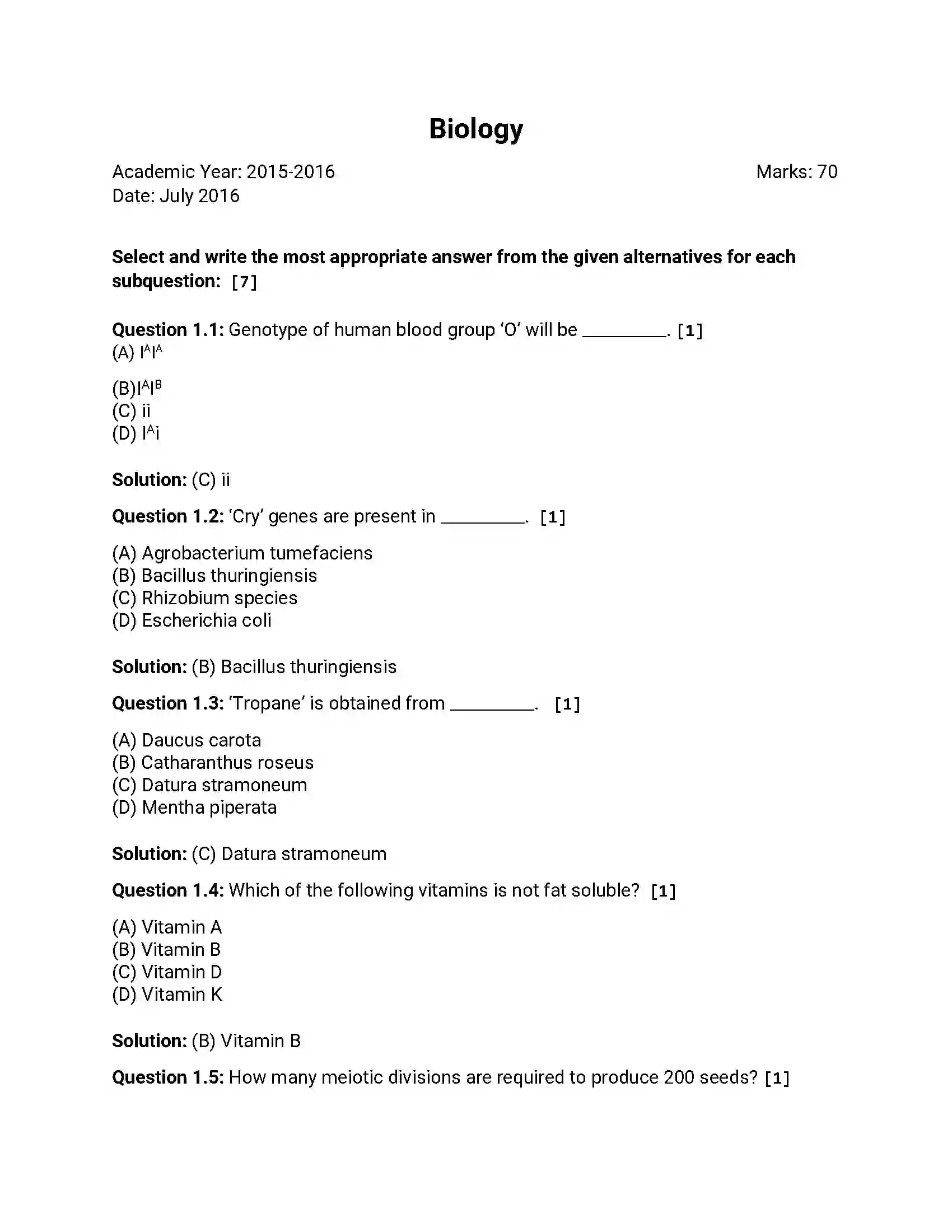 Maharashtra Board Class 12th 2016 Biology - Jul 2016 Previous Year Paper 1
