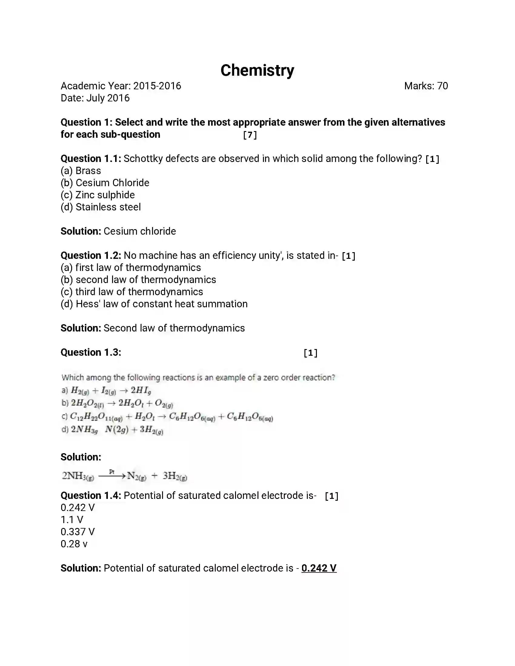 Maharashtra Board Class 12th 2016 Chemistry - Jul 2016 Previous Year Paper 1