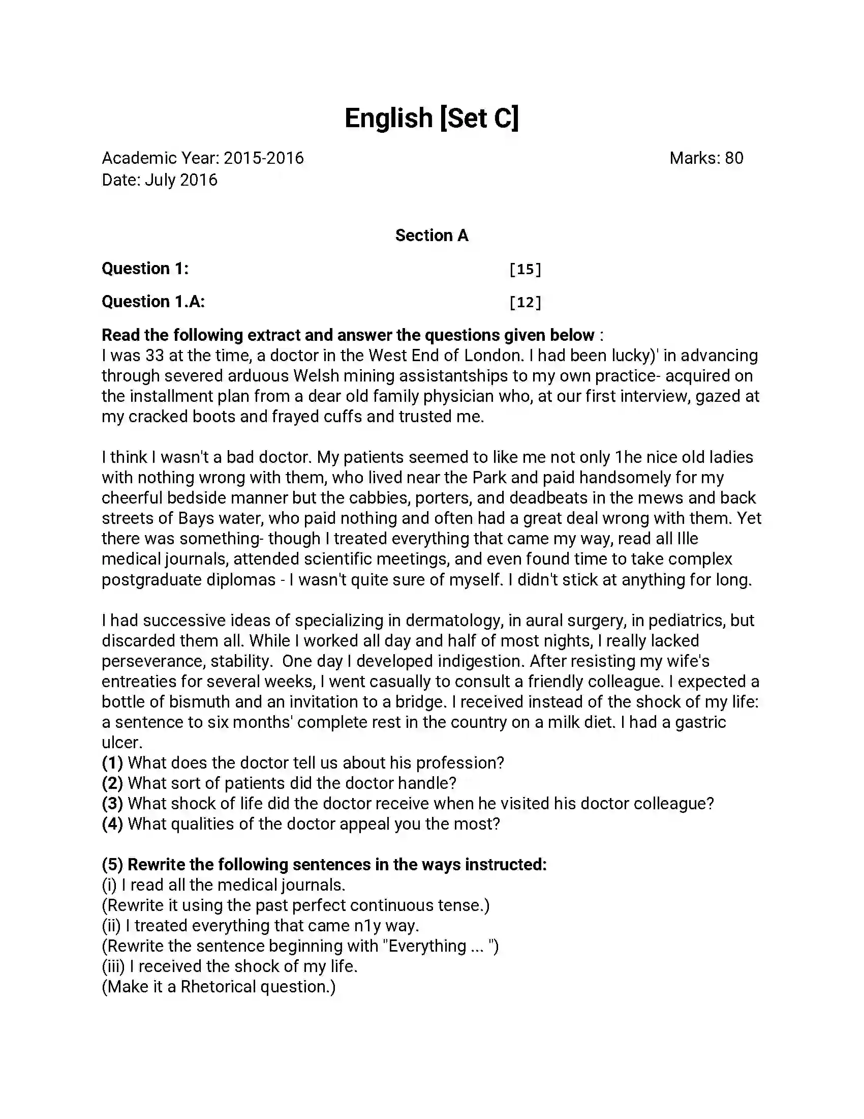 Maharashtra Board Class 12th 2016 English - Jul 2016 - Set-C Previous Year Paper 1