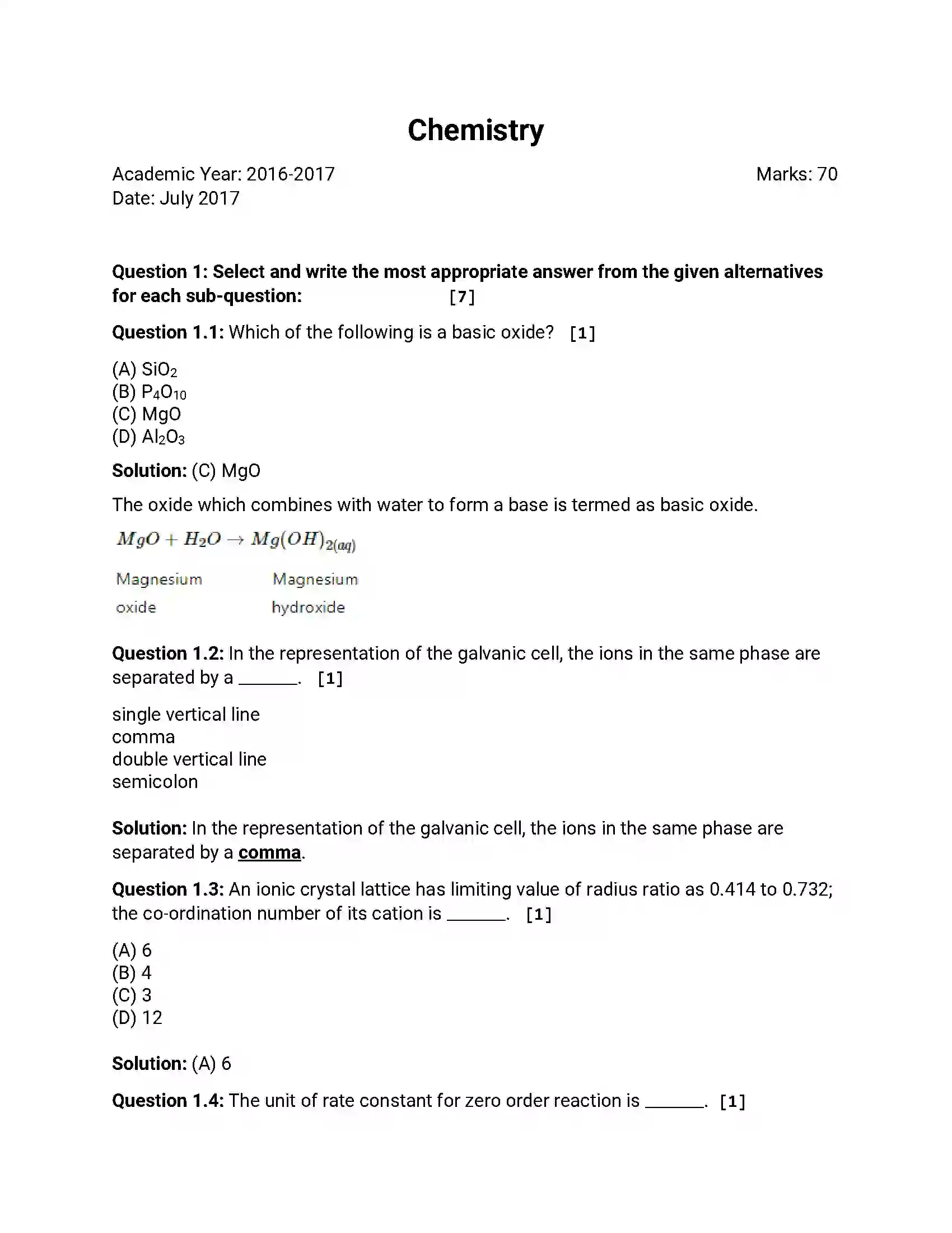 Maharashtra Board Class 12th 2017 Chemistry - Jul 2017 Previous Year Paper 1