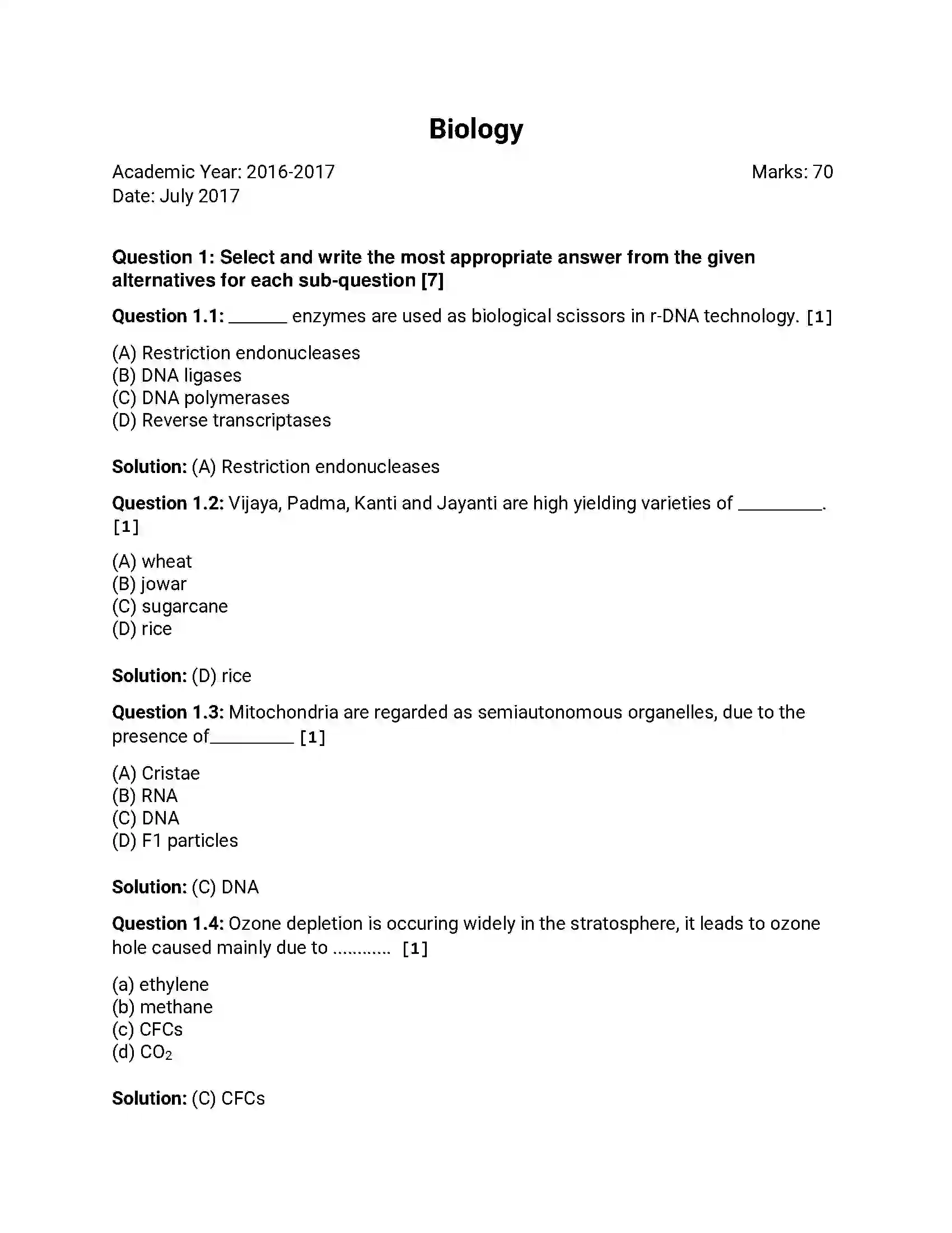 Maharashtra Board Class 12th 2017 Biology - Jul 2017 Previous Year Paper 1