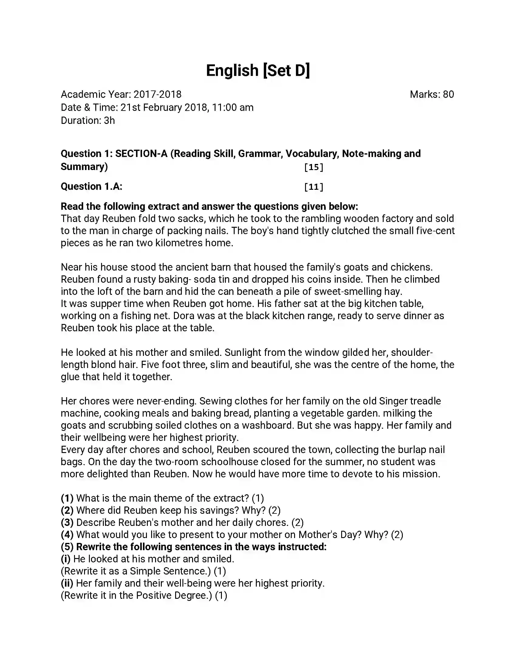 Maharashtra Board Class 12th 2018 English - March 2018 - Set-D Previous Year Paper 1