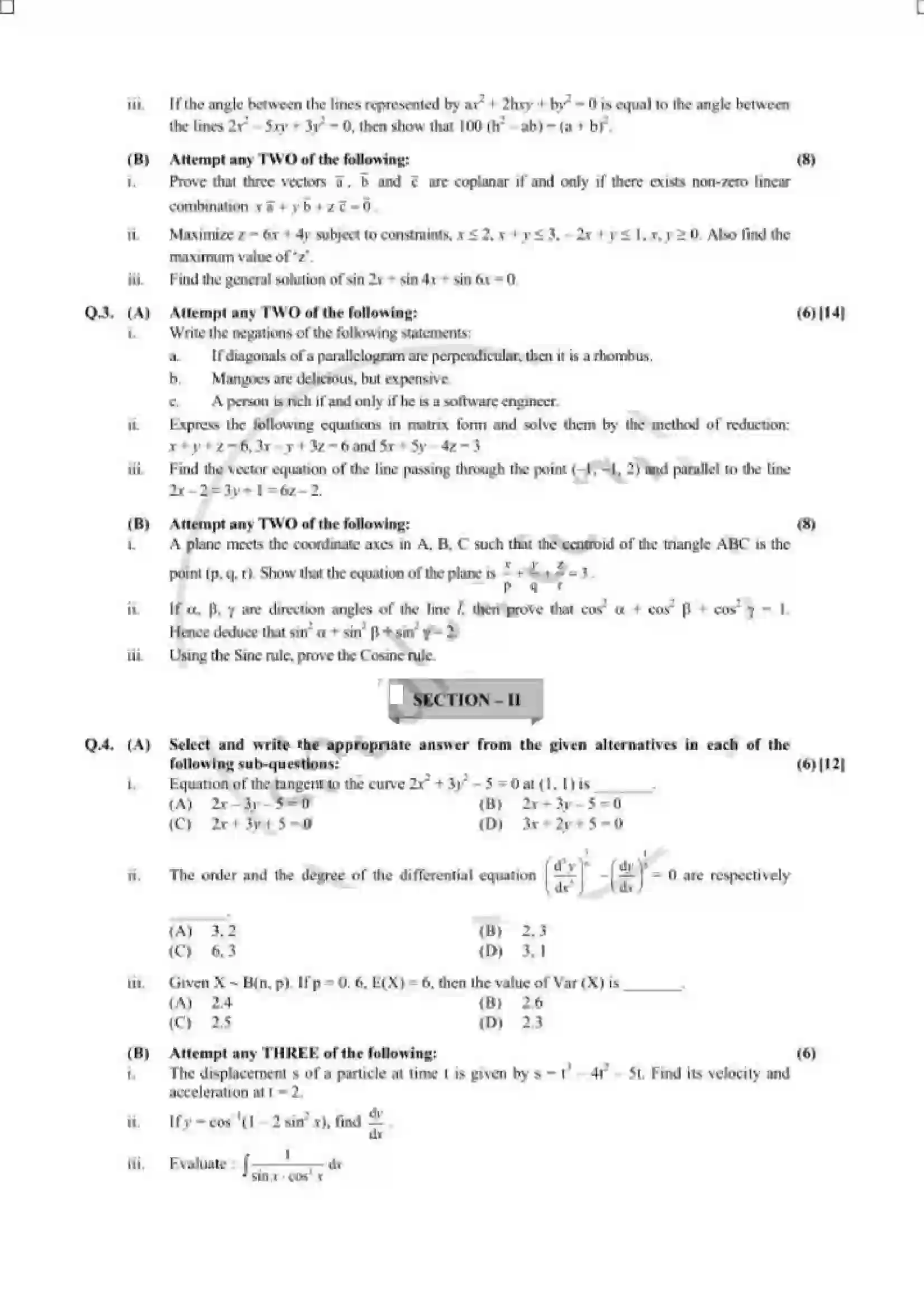 Maharashtra Board Class 12th 2018 Mathematics & Statistics - Jul 2018 - Set-1 Previous Year Paper 2