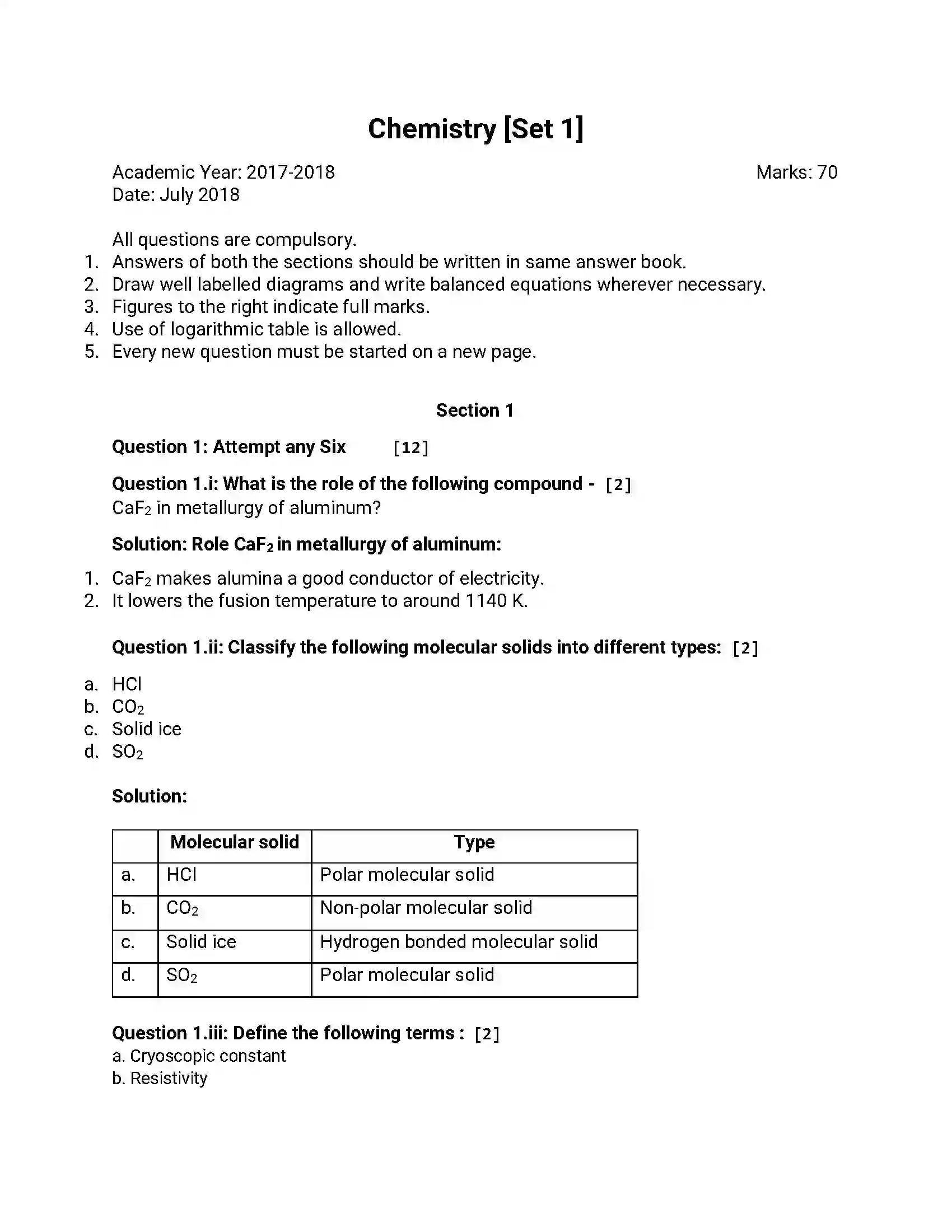 Maharashtra Board Class 12th 2018 Chemistry - Jul 2018 - Set-1 Previous Year Paper 1