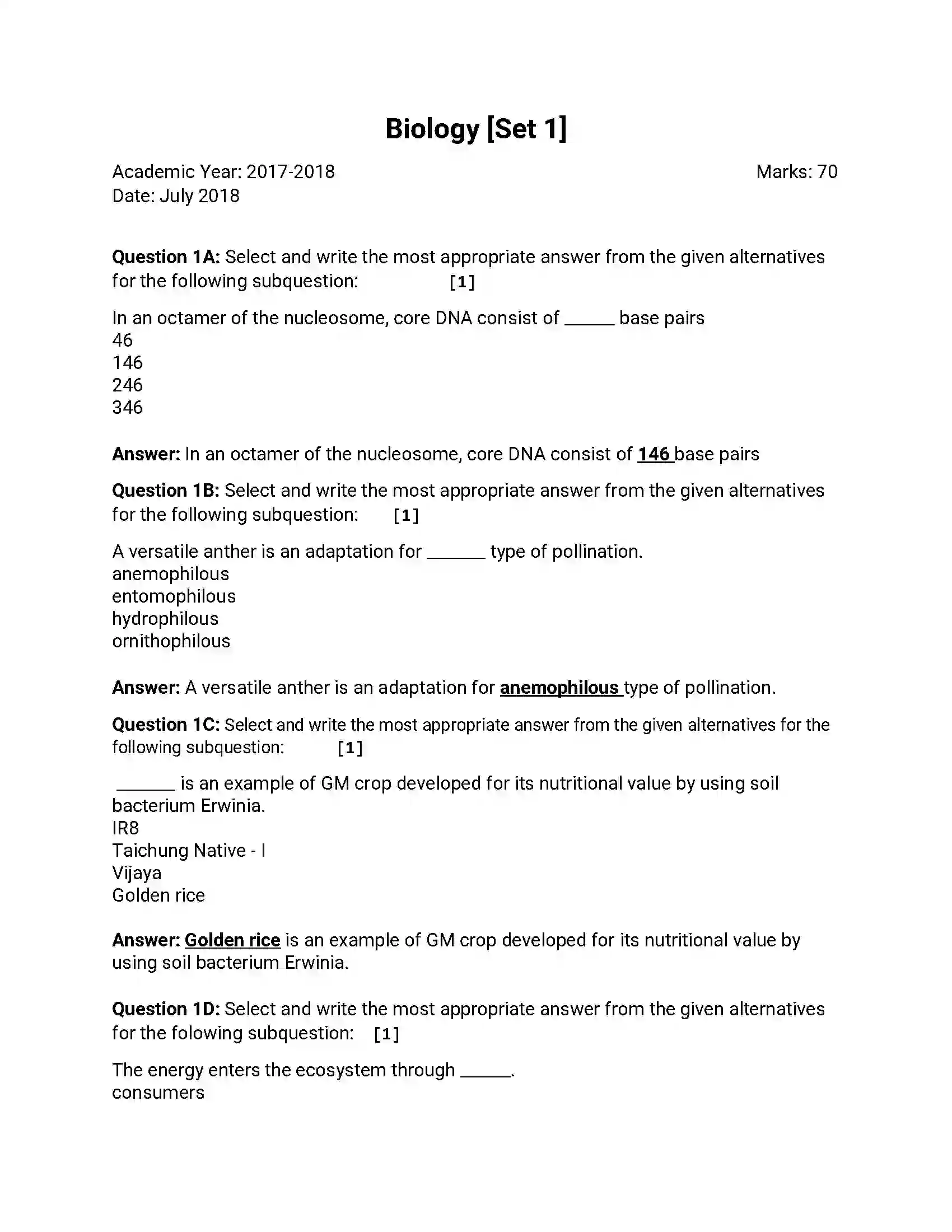 Maharashtra Board Class 12th 2018 Biology - Jul 2018 - Set-1 Previous Year Paper 1