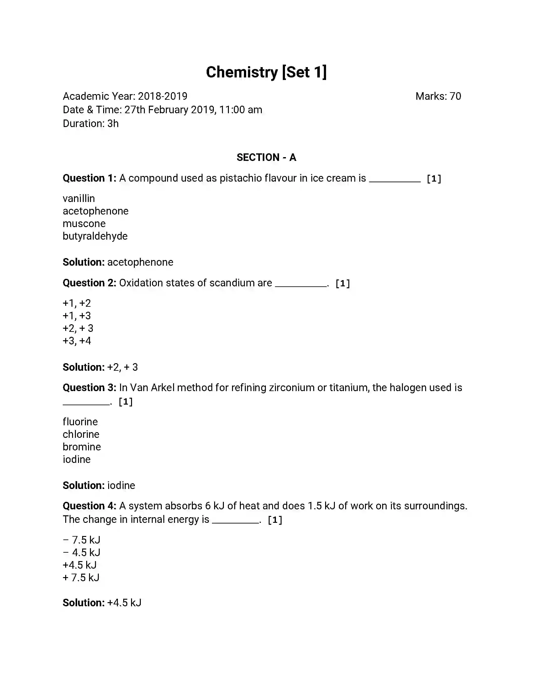 Maharashtra Board Class 12th 2019 Chemistry - Feb 2019 - Set-1 Previous Year Paper 1