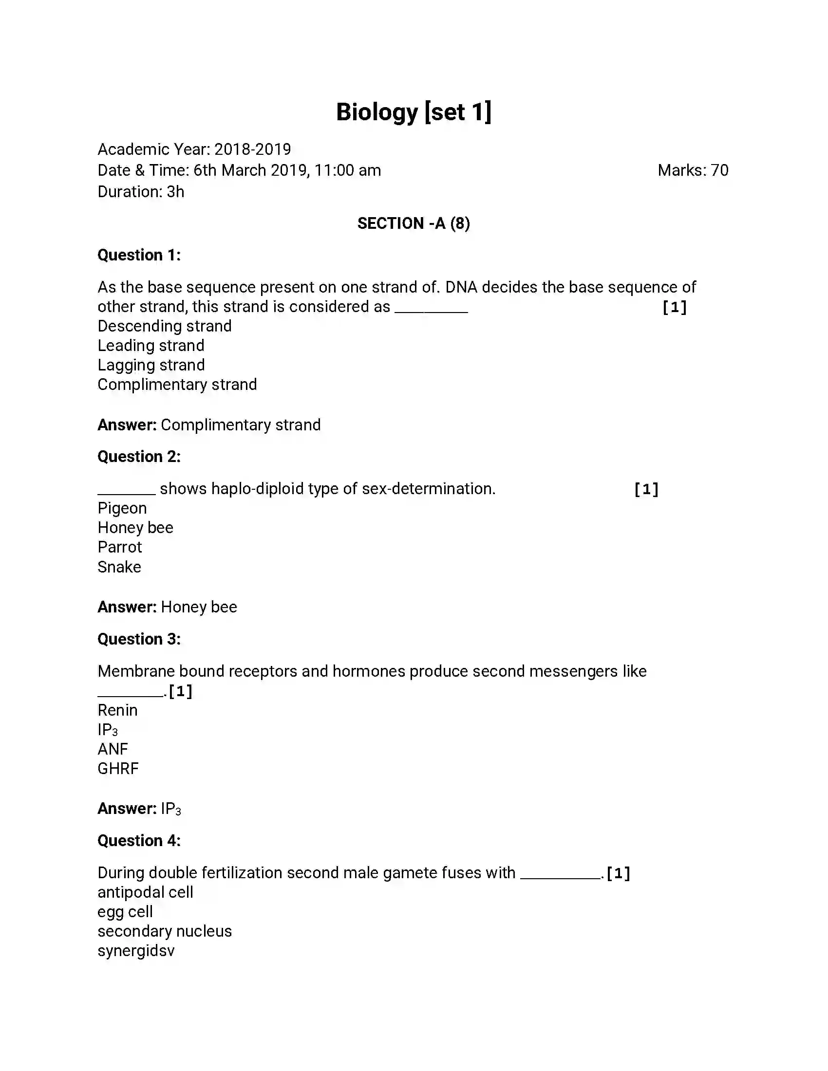 Maharashtra Board Class 12th 2019 Biology - Feb 2019 - Set-1 Previous Year Paper 1