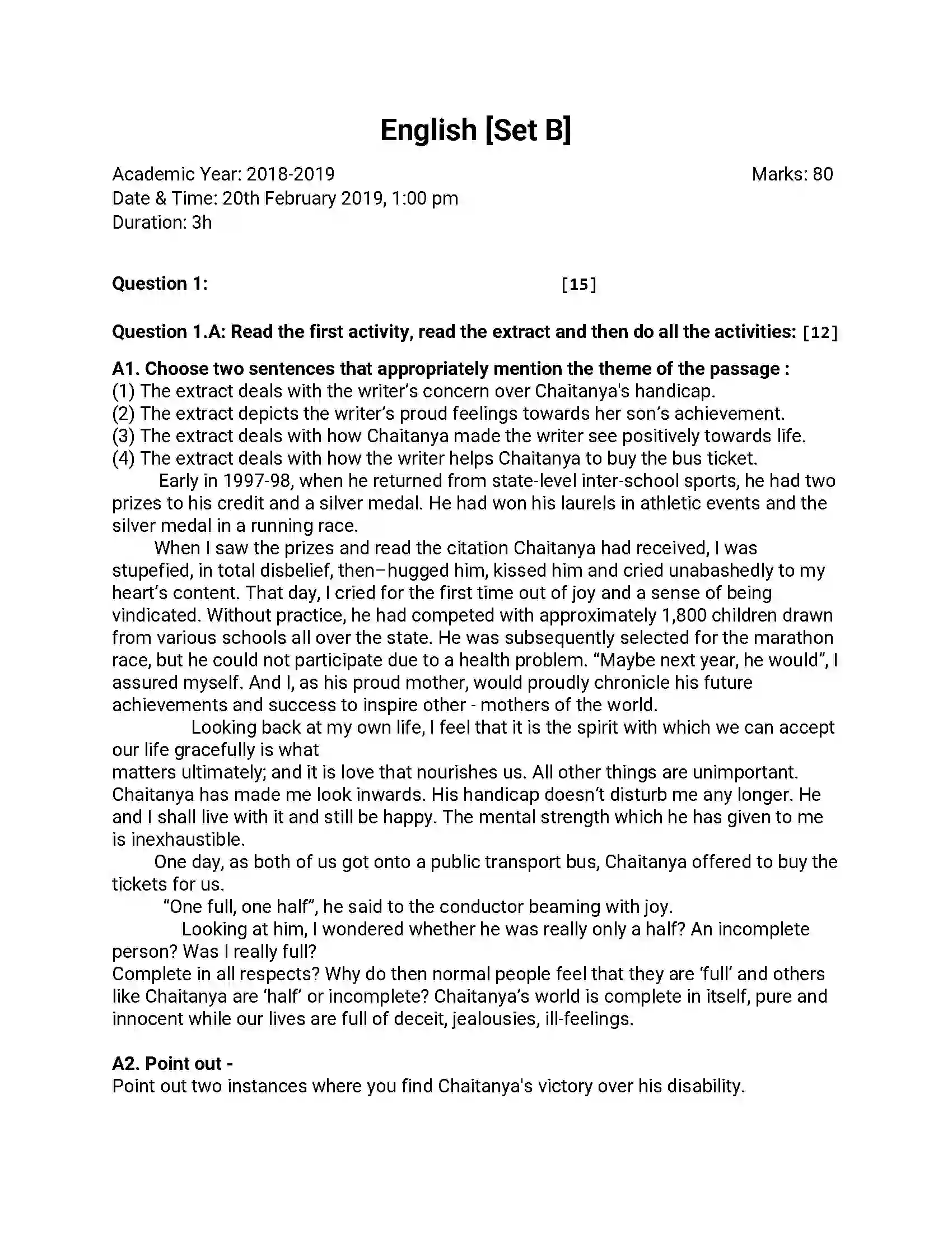 Maharashtra Board Class 12th 2019 English - Feb 2019 - Set-B Previous Year Paper 1